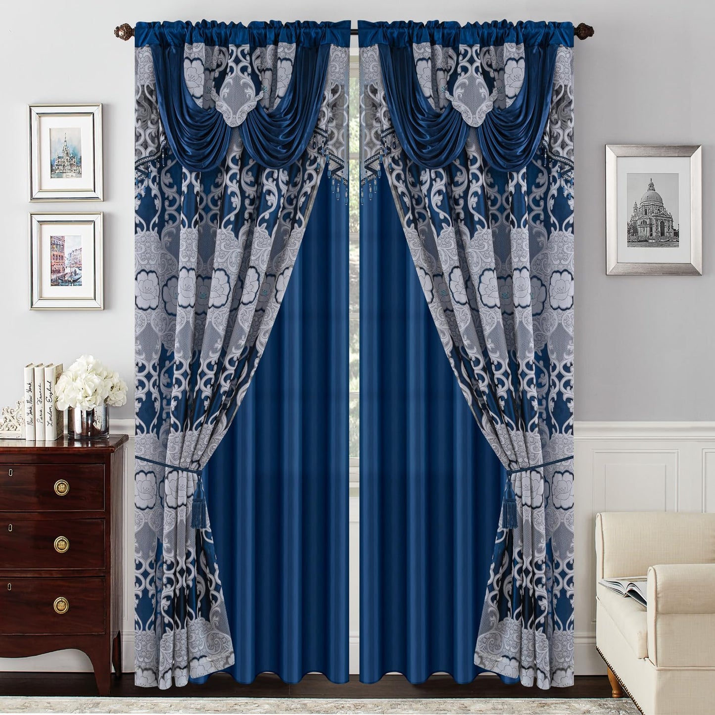 Petrichor Navy Sheer Jacquard Voile Curtains （54" W x 84" L）, 2 Panels with Attached Valance, Double Layer Floral Cutwork Design with Luxurious Texture, Rod Pocket, for Bedroom & Living Room