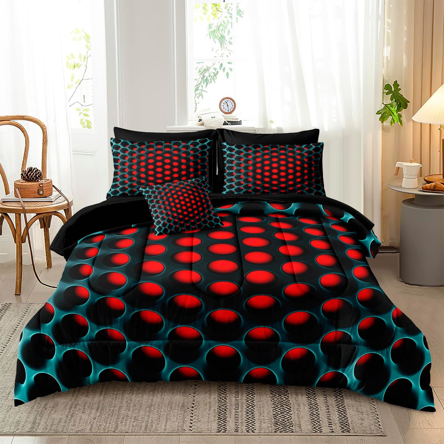 Bedbay Stereoscopic Bedding Set Red Green Honeycomb Queen Comforter Set 8 Pcs Geometric Bed Set with Sheets Colorful Neon Grid Bedding Quilt Set Soft Lightweight Queen Bed in a Bag for All Seasons