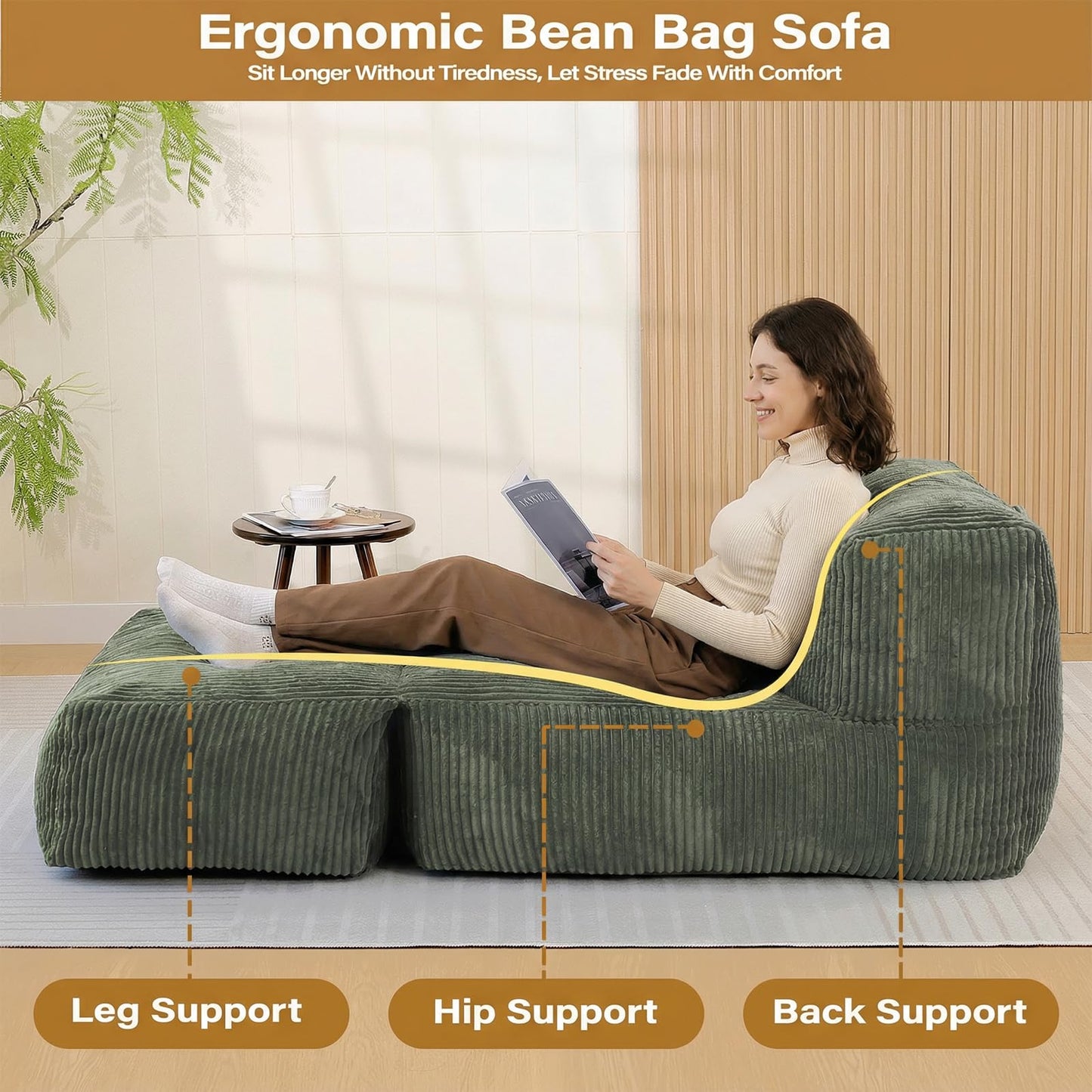 UODERS Big Bean Bag Chair for Adults, 66.9"x31.5" Lounger Large Bean Bag Sofa, Memory Foam Filled Beanbag Chair for Living Room, Bedroom, Balcony - Ergonomic Support & Premium Comfort (Green)