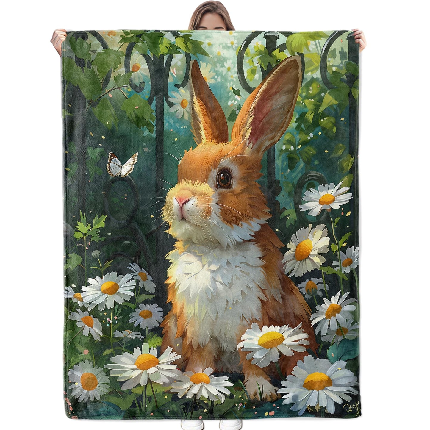 Bidesk Charming Bunny Blanket Cozy Soft Flannel Throw Blanket - Lightweight & Warm Daisy Garden Blankets for Couch, Bed, Travel, Fuzzy Outdoor Comfort Wrap, for Women Adults Kids 60"×50"