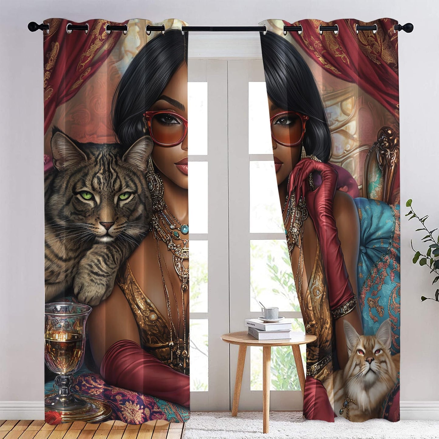 Phtbz African American Woman Blackout Curtains 45 Inch Length 2 Panels Set, Fashion Diva and Cat Patterned Curtains for Bedroom, Living Room Decor, Room Darkening Thermal Insulated Grommet Drapes