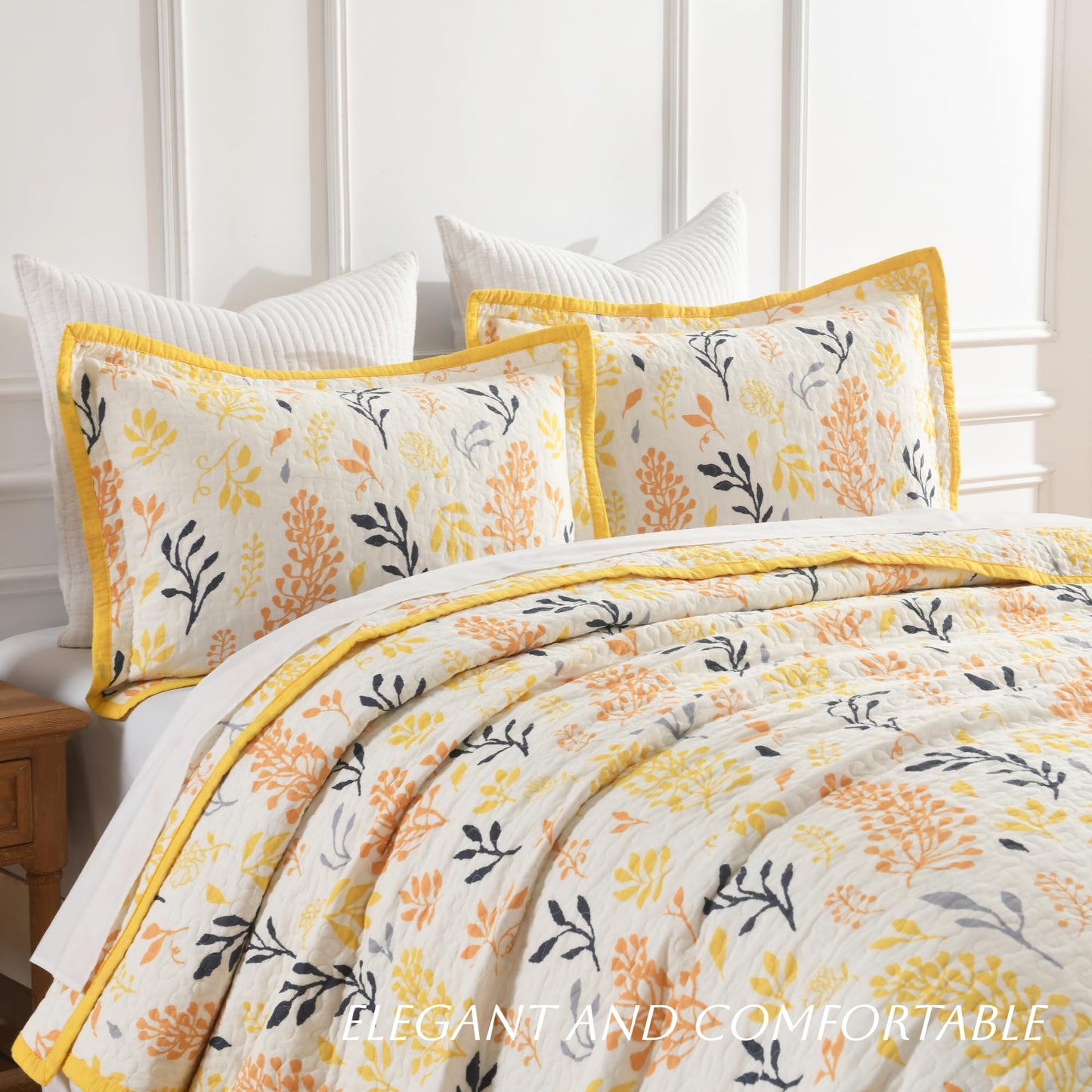 Cinefoso King Size Quilt - Floral Quilt Bedding Set 100% Cotton - Lightweight Farmhouse Bedspread for All Season 3-Piece - Yellow/White/Orange