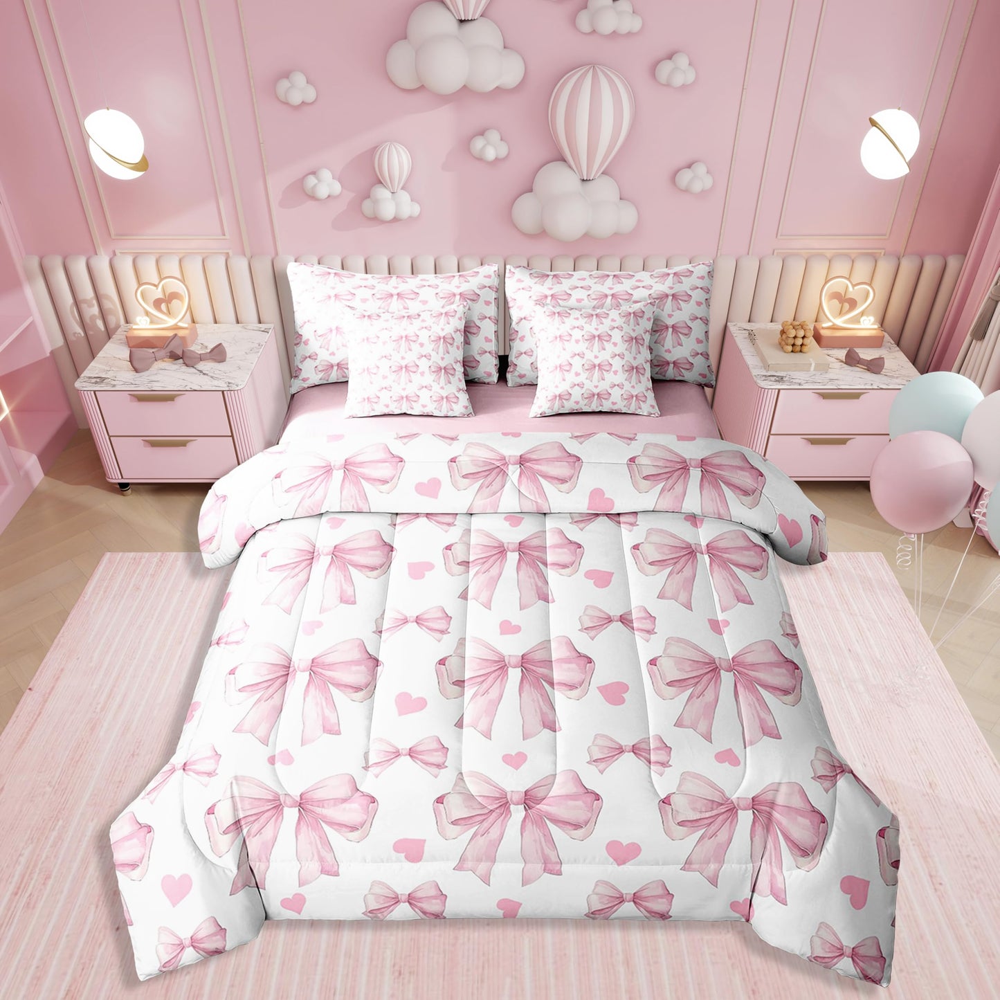 Erosebridal 7 Piece Pink Bowknot Kids Comforter Set King Bed in a Bag,Dreamy Princess Style Girls Bedding Set,Teens Romantic Love Heart Pattern Duvet Insert,Geometric Heart Bow Valentine Sheet Set