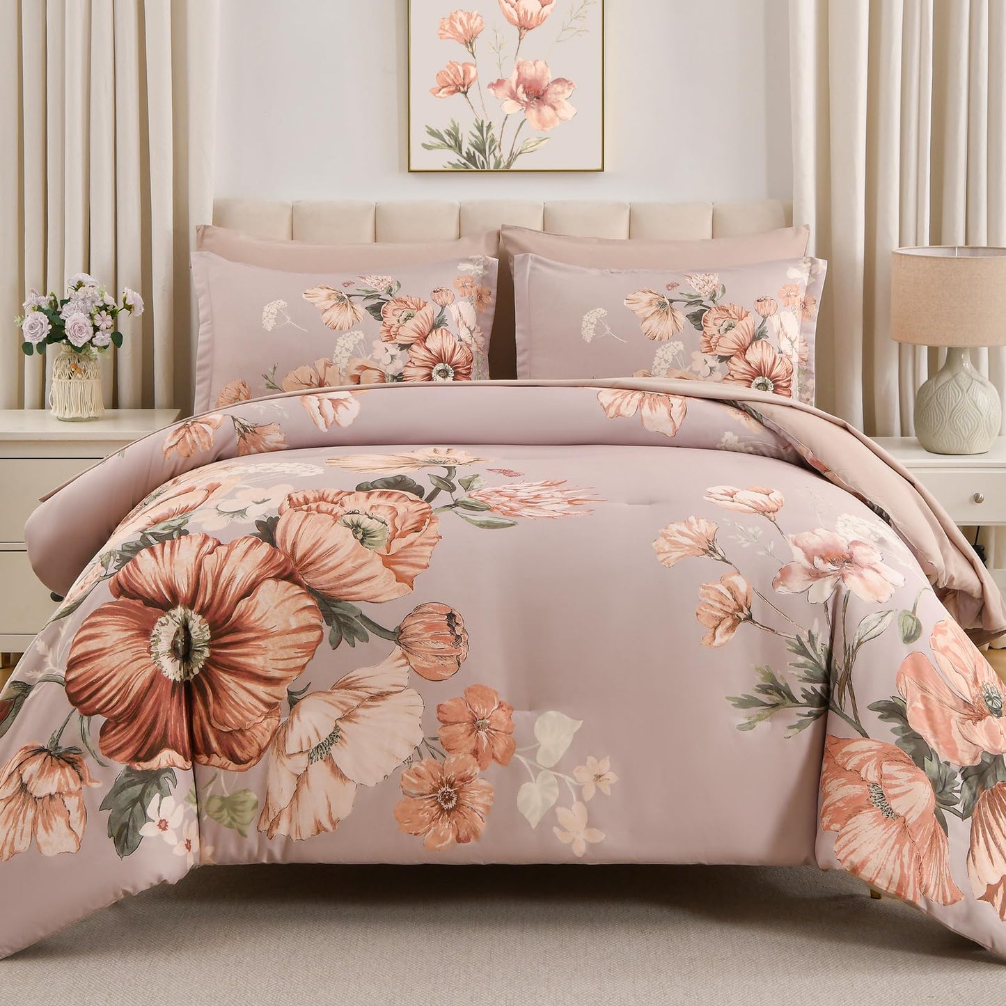 LLDSYW Queen Comforter Set - 7 Pieces Bed in a Bag Khaki Floral Queen Comforter Set with Sheets, Soft Microfiber Flower Complete Bedding Set for All Seasons（Khaki,90"x90"）