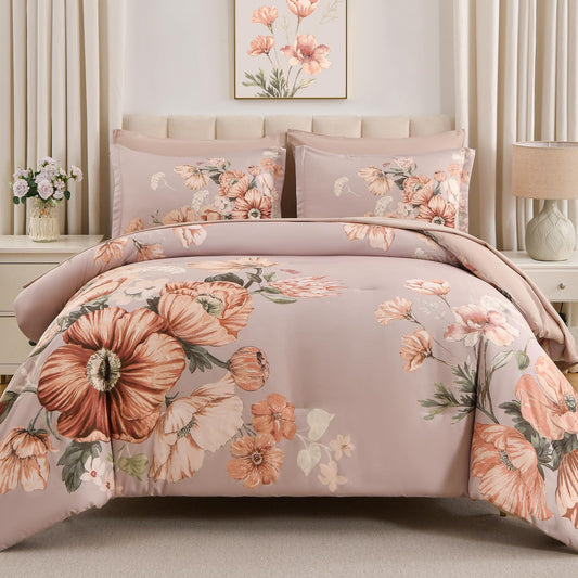 LLDSYW Queen Comforter Set - 7 Pieces Bed in a Bag Khaki Floral Queen Comforter Set with Sheets, Soft Microfiber Flower Complete Bedding Set for All Seasons（Khaki,90"x90"）