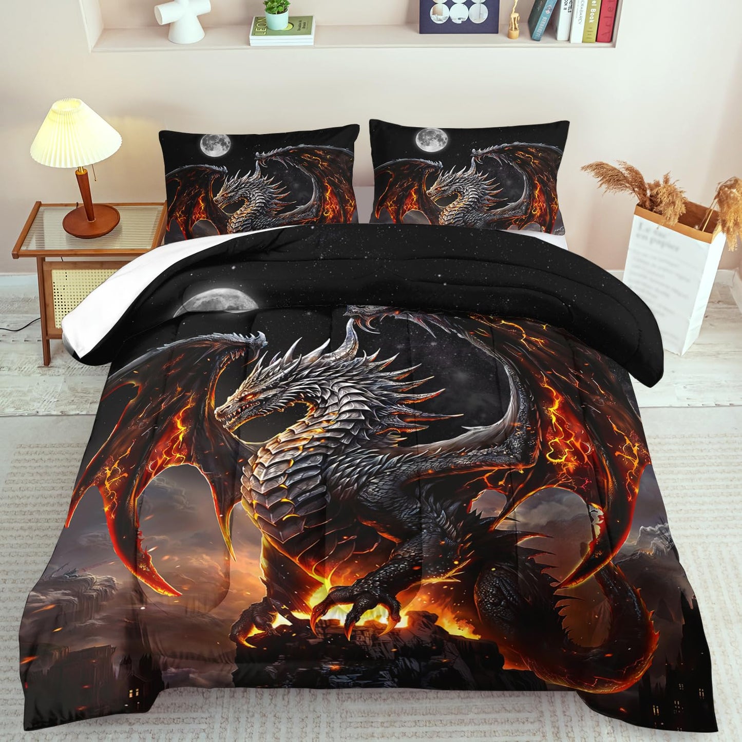 llyxsesty Black Dragon Comforter Set King Adult,Flame Dragon Bedding Set for Boys,Magical Beast Bedding Fantasy Animal Comforter Beedroom Decor,Magical Beast Quilt Bed Decor