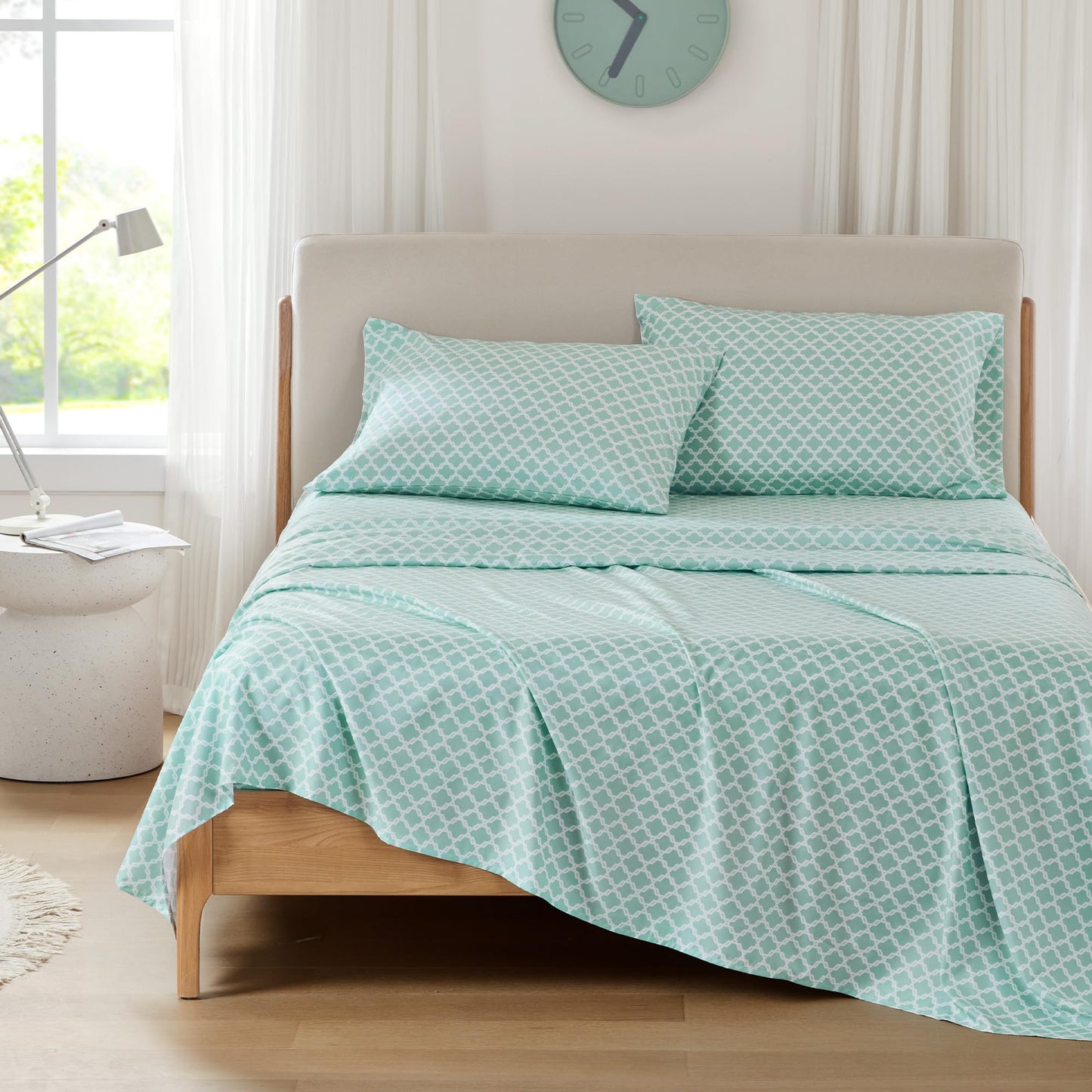 Comfort Spaces Queen Cooling Sheets, Moisture Wicking Coolmax Sheets, Soft Sheet Set, Cooling Bed Sheets for Hot Sleepers, Elastic Deep Pocket Fits Up to 16" Mattress, Queen Quatrefoil Aqua 4 Piece