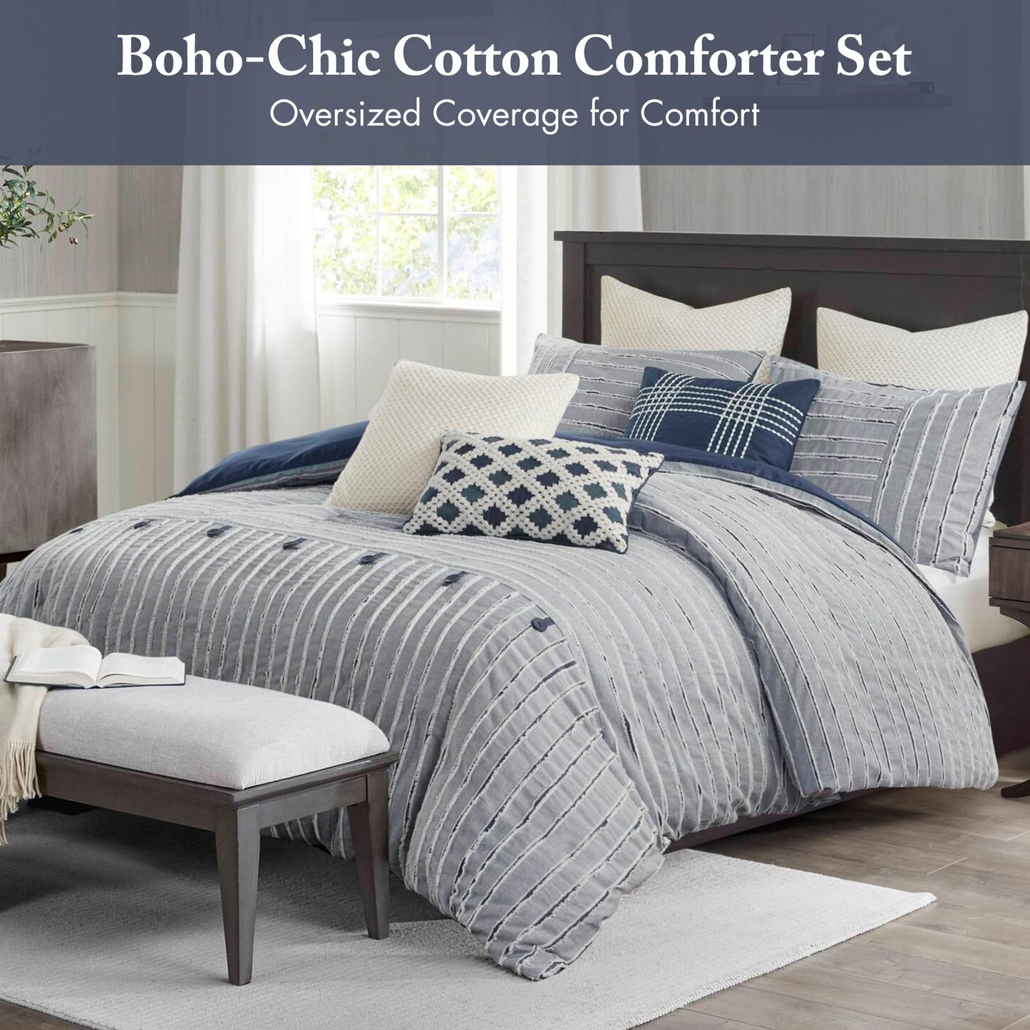 Madison Park Comforter Cotton Clipped Jacquard, Oversized Comforters King Size Bed, All Season Down Alternative Overfilled King Size Comforter, Essence, King/Cal King, Blue 9 Piece