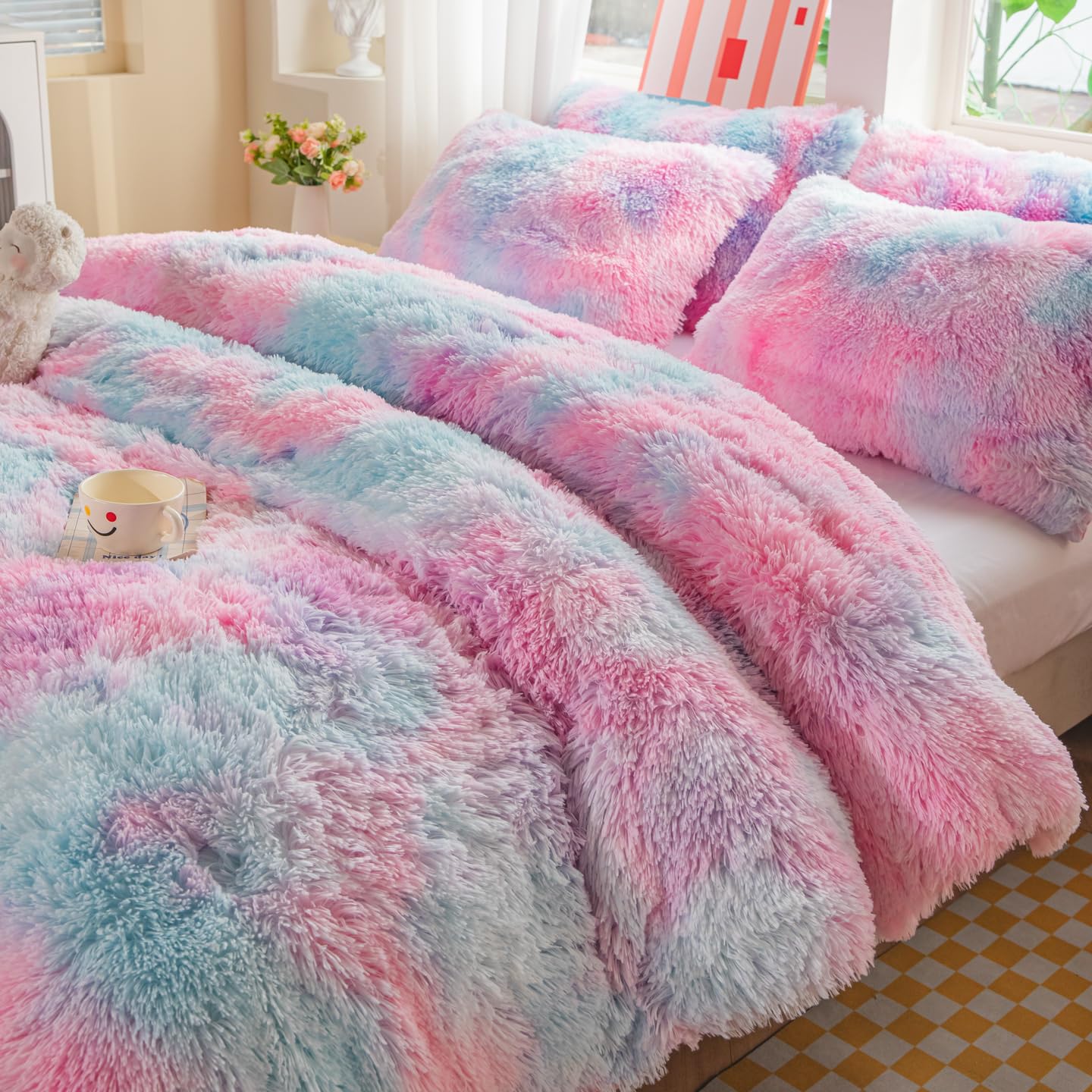 Roscloud Faux Fur Kids Girls Purple Rainbow Comforter Sets Twin/Full - 3PC Bed Set Warm Comfortable Soft Plush Flannel Velvet Fluffy Fuzzy Bedding（Comforter x 1 Pillowcases x 2）