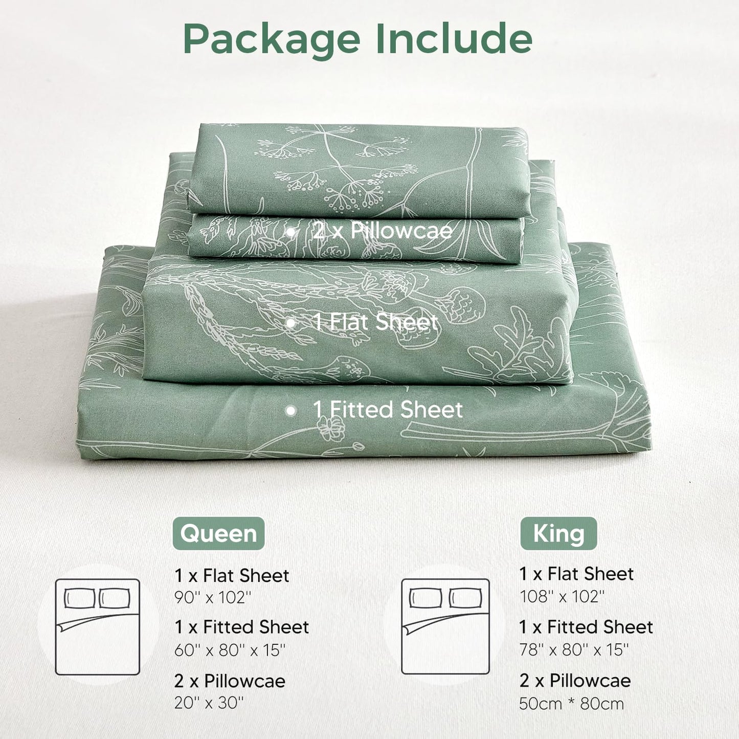Tokokimo Floral Sheets Set King Size, 16 inches Deep Pocket Fitted Sheet, Flat Sheet & Envelope Closure Pillowcases, Soft Breathable Microfiber Sheet Set 4-Piece, Green and White Leaf Floral