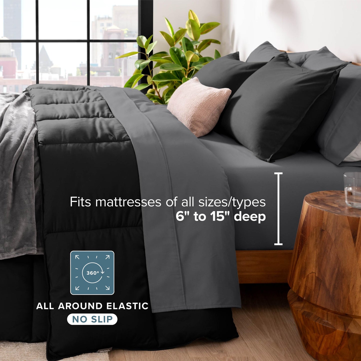 Bare Home Bed-in-A-Bag 7 Piece Comforter & Sheet Set - Queen - Goose Down Alternative - Ultra-Soft 1800 Premium Bedding Set (Queen, Black/Grey)