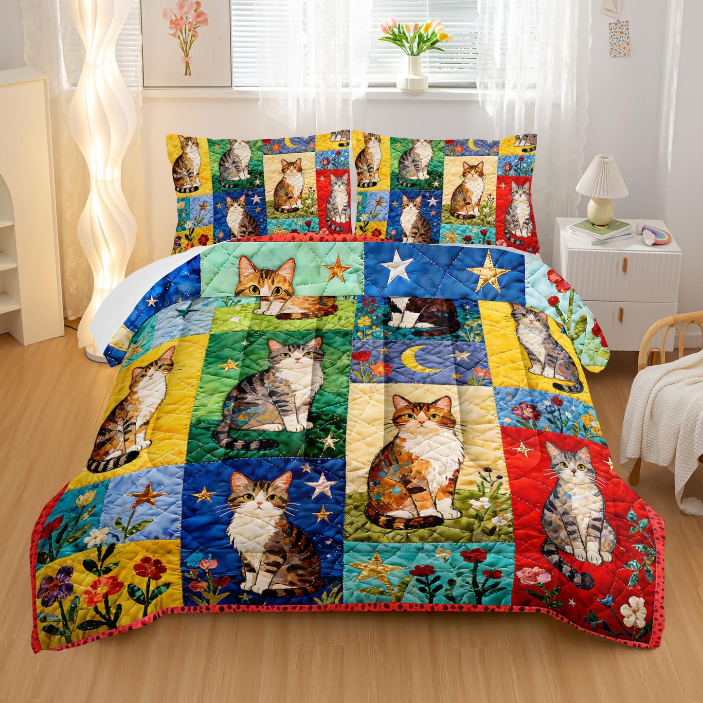 Nttopship Cartoon Cat Comforter Set Full Size 3PCS,Cat Puzzle Bedding Set for Teen Adult,Floral Cat Animal Themed Room Decor Ultra-Soft Lightweight Microfiber with 2 Pillowcases