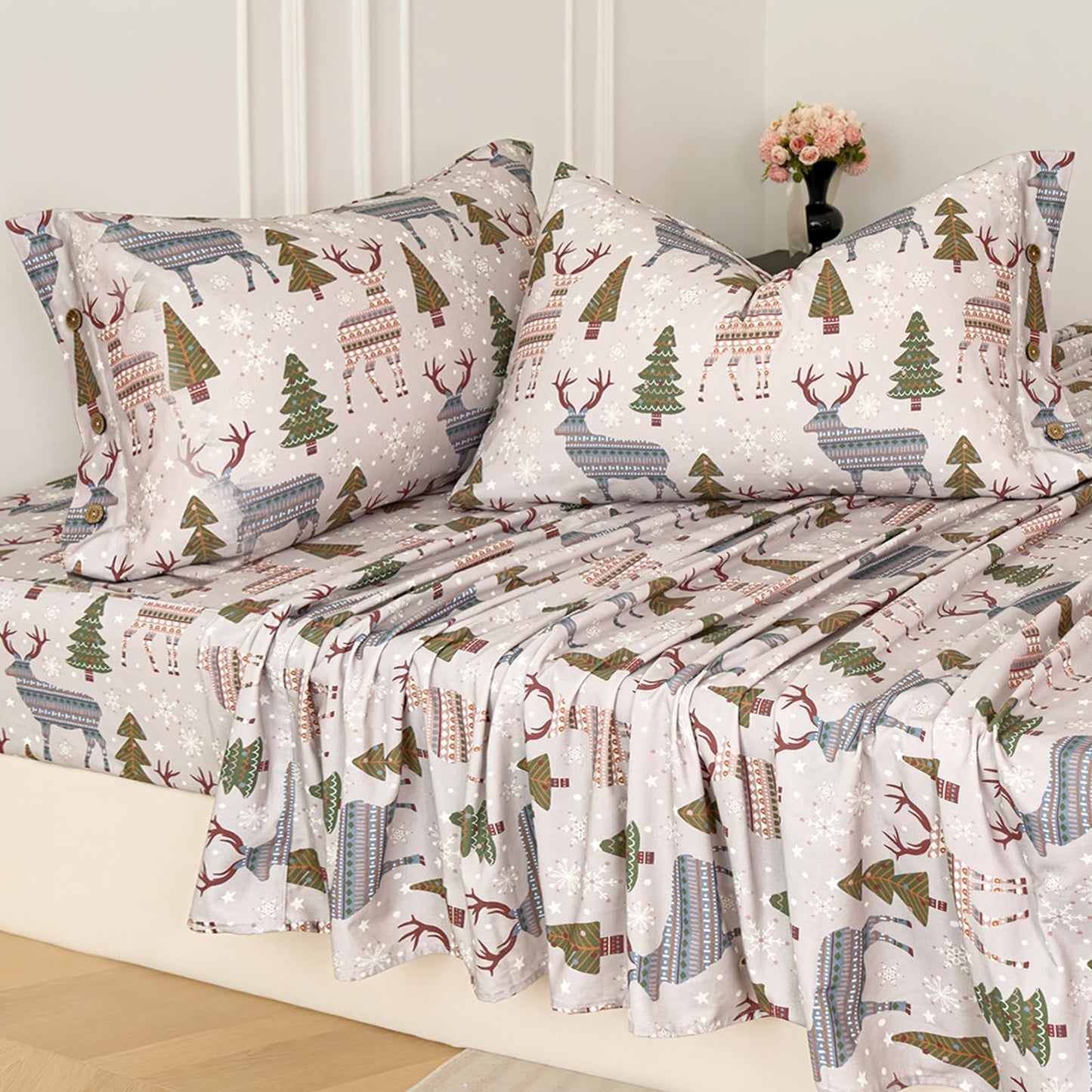Zusbest Grey Sheets Queen 100% Brushed Cotton Flannel-Like Green Tree Deer Printed Bed Sheets Set with Deep Pocket 17.5‘’ Heavyweight 4PC, Button Pillowcases Extra Soft Breathable
