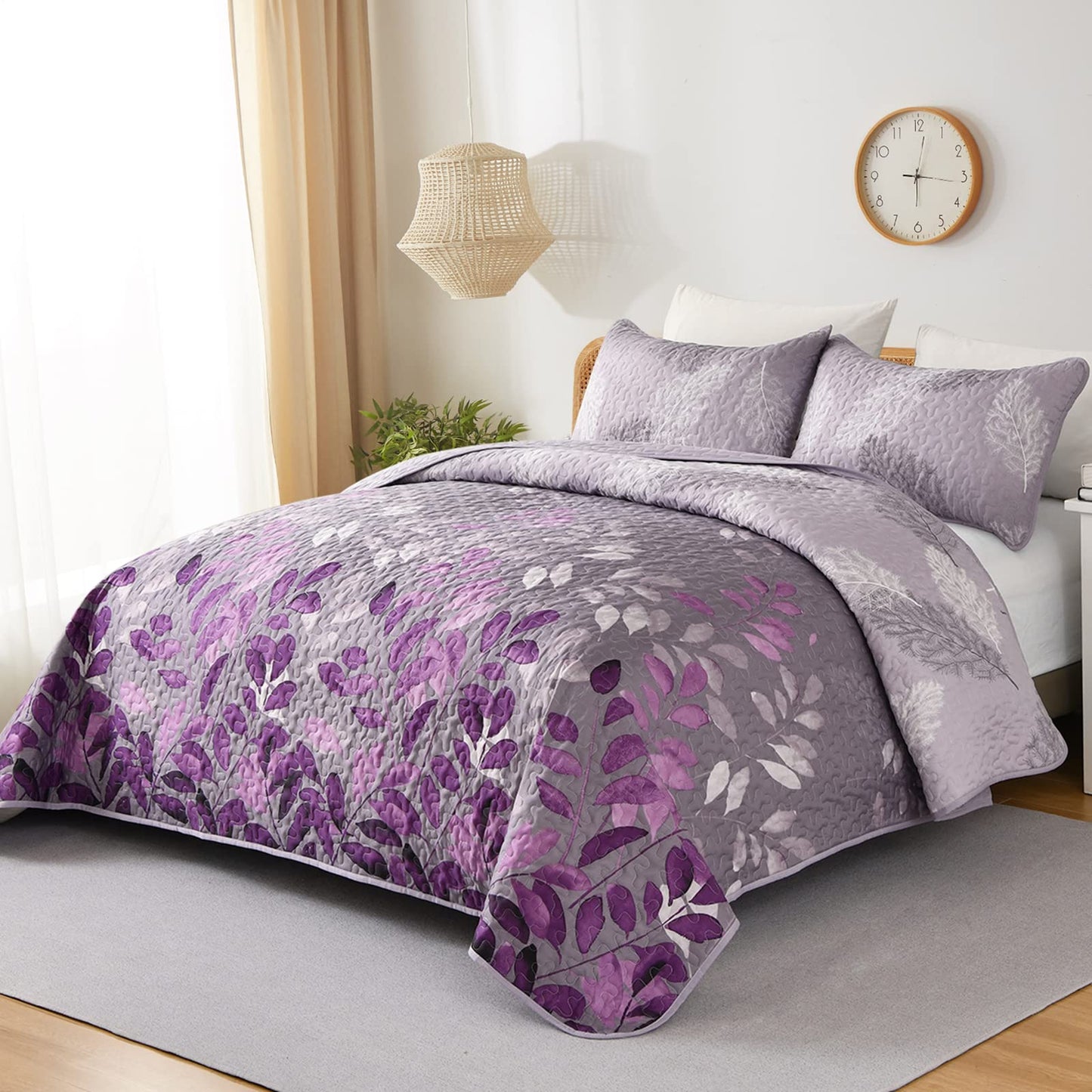 WONGS BEDDING Purple Floral Quilt Set Queen Size, 3 Pieces Botancal Leaves Bedspread Coverlet Set with 2 Pillowcases for All Season, Soft Microfiber Floral Bedding Set 96"×90"