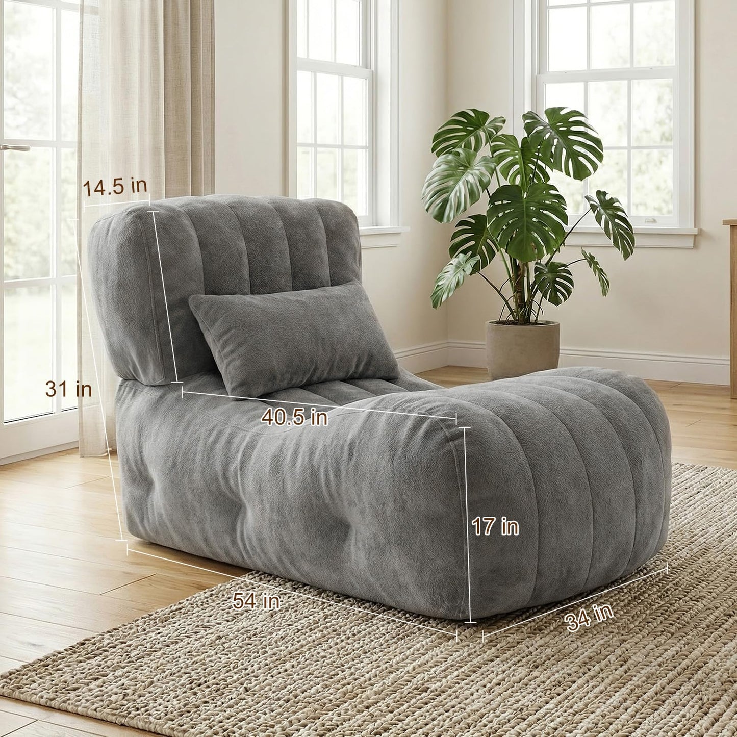 Foldable Bean Bag Chair with Memory Foam - Oversized Chaise Lounge Sofa for Adults, Comfy 2-in-1 Convertible Floor Couch for Bedroom Reading & Gaming (Lava Ash)