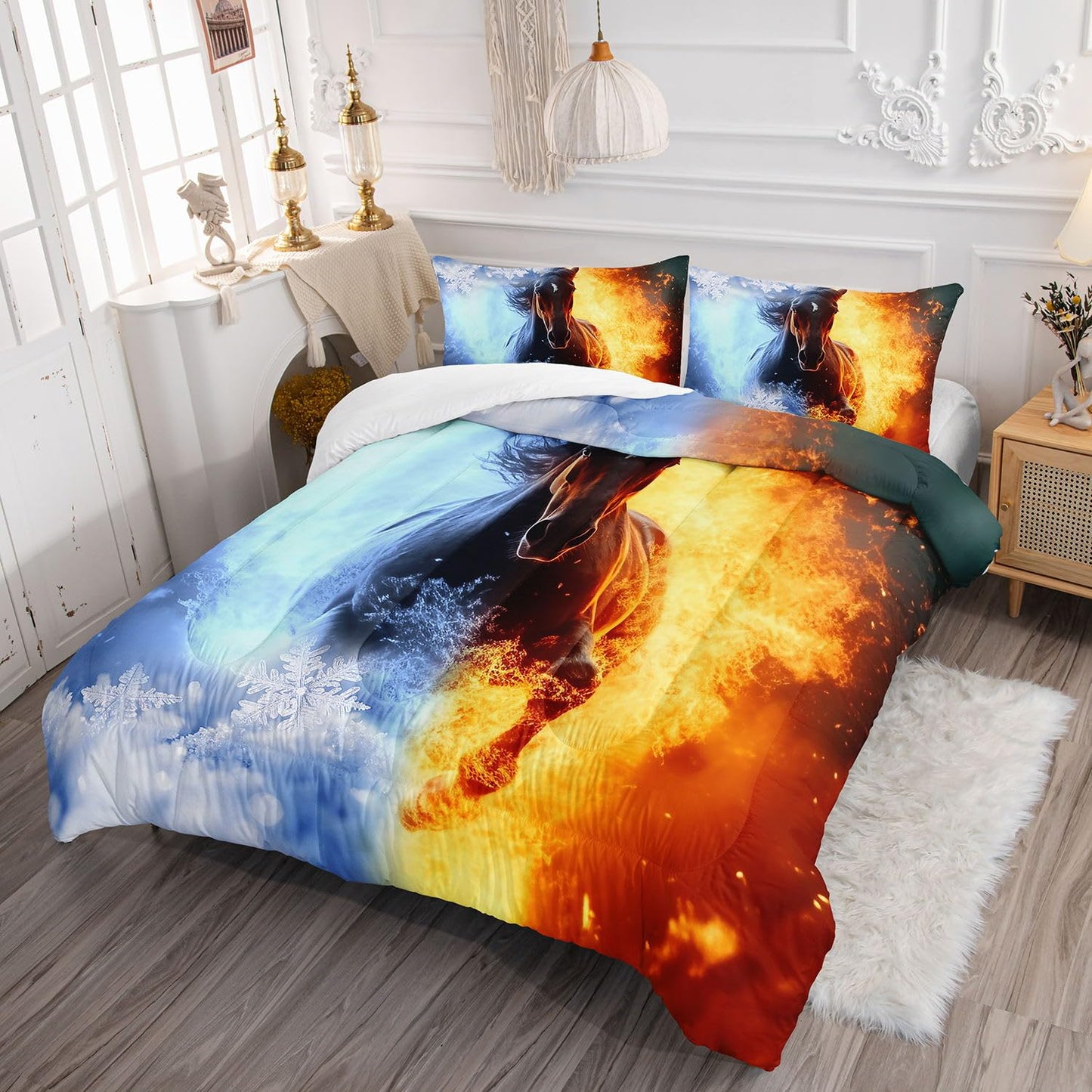 Smell Sunshine 3D Horse Comforter Set Fire Ice Printed Bedding Set with 1 Comforter and 2 Pillowcases for Boys and Girls Bedroom All Season(Horse Twin)
