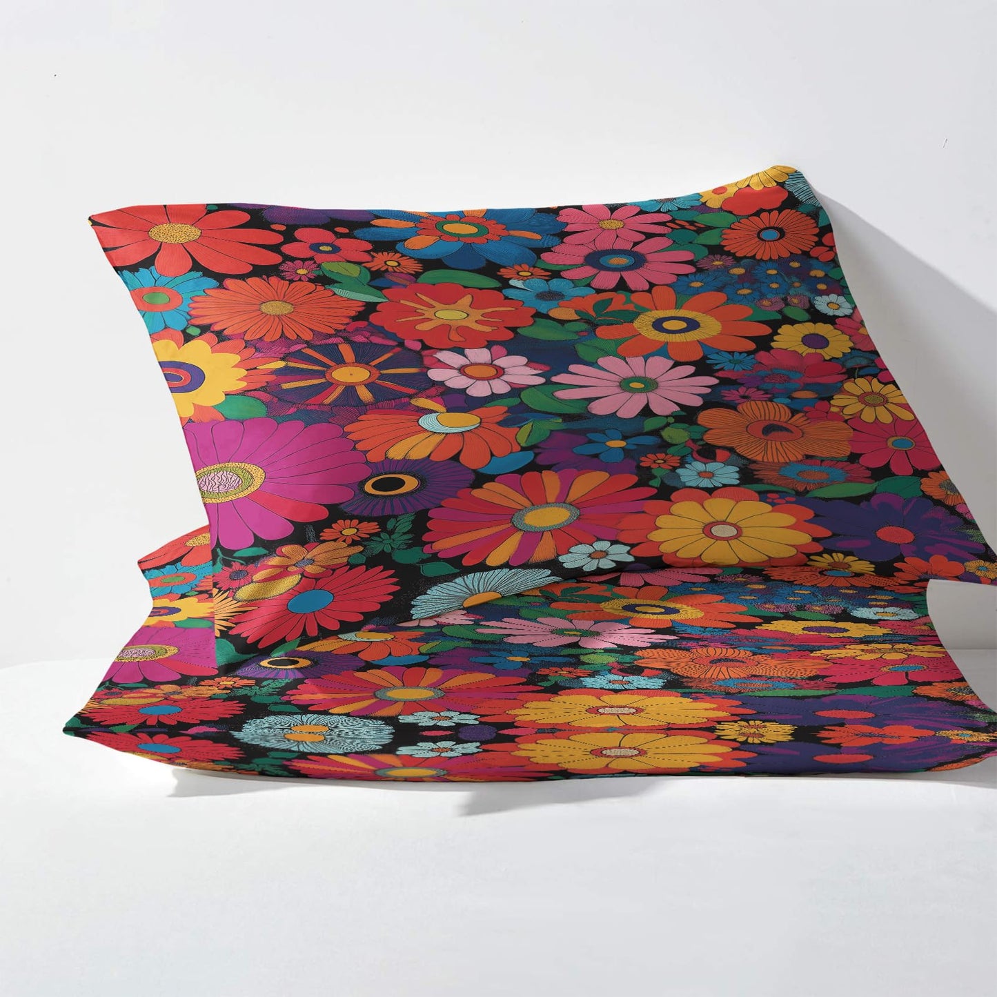 NOGAWA Retro Colorful Floral Sheets Queen, 60s 70s Hippie Bohemian Flower Bed Sheets, Deep Pocket & Soft Microfiber Bedding Sheets & Pillowcases 4 Piece - Fitted Sheet & Flat Sheet & 2 Pillow Cases