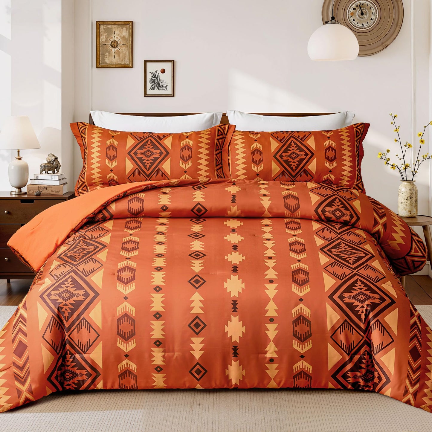 Tyrot King Comforter Set – 3 Piece Burnt Orange Boho Aztec Bedding, Western Southwestern Style Comforter Sets, Soft Lightweight Comforter for All Seasons, 1 Comforter & 2 Pillow Shams