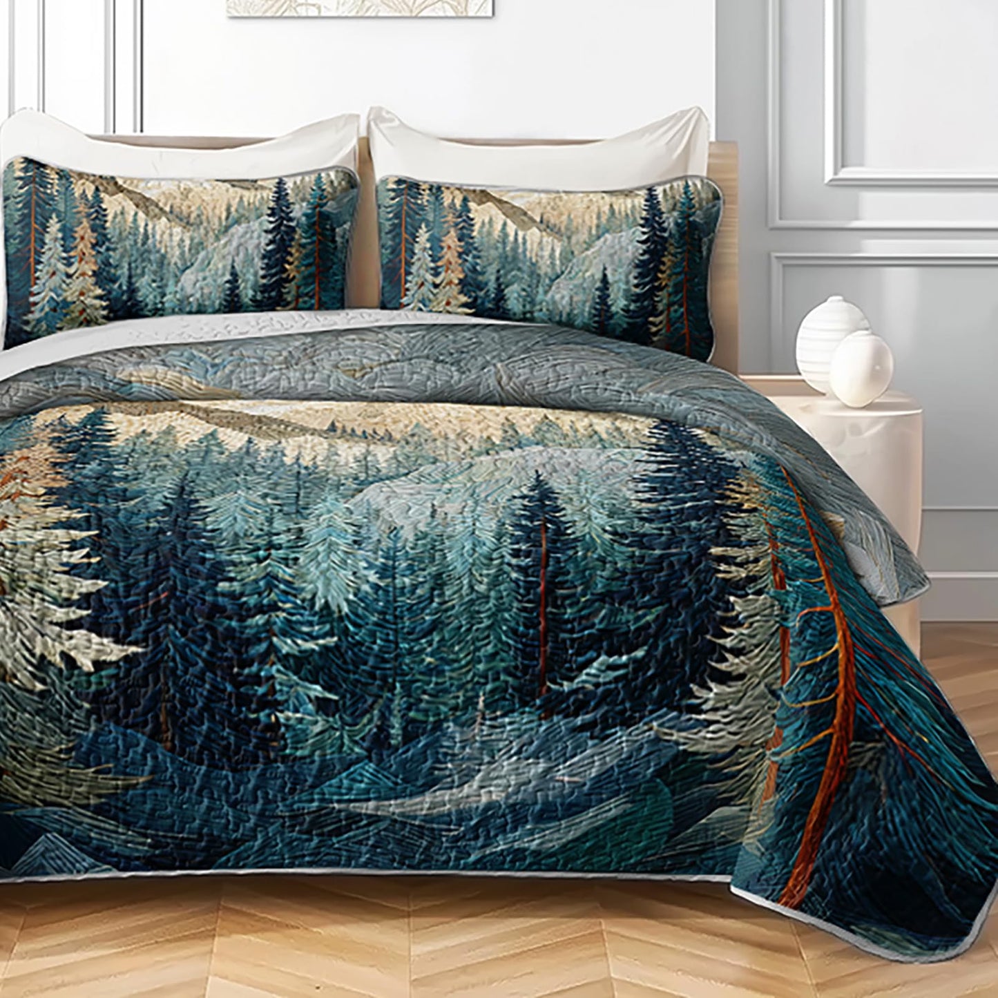 AILONEN Queen Bedspread Coverlet,Mountain Forest Pine Tree Textured Landscape Blue Green Bedding Quilt,2 Pillowcases,Lightweight Microfiber