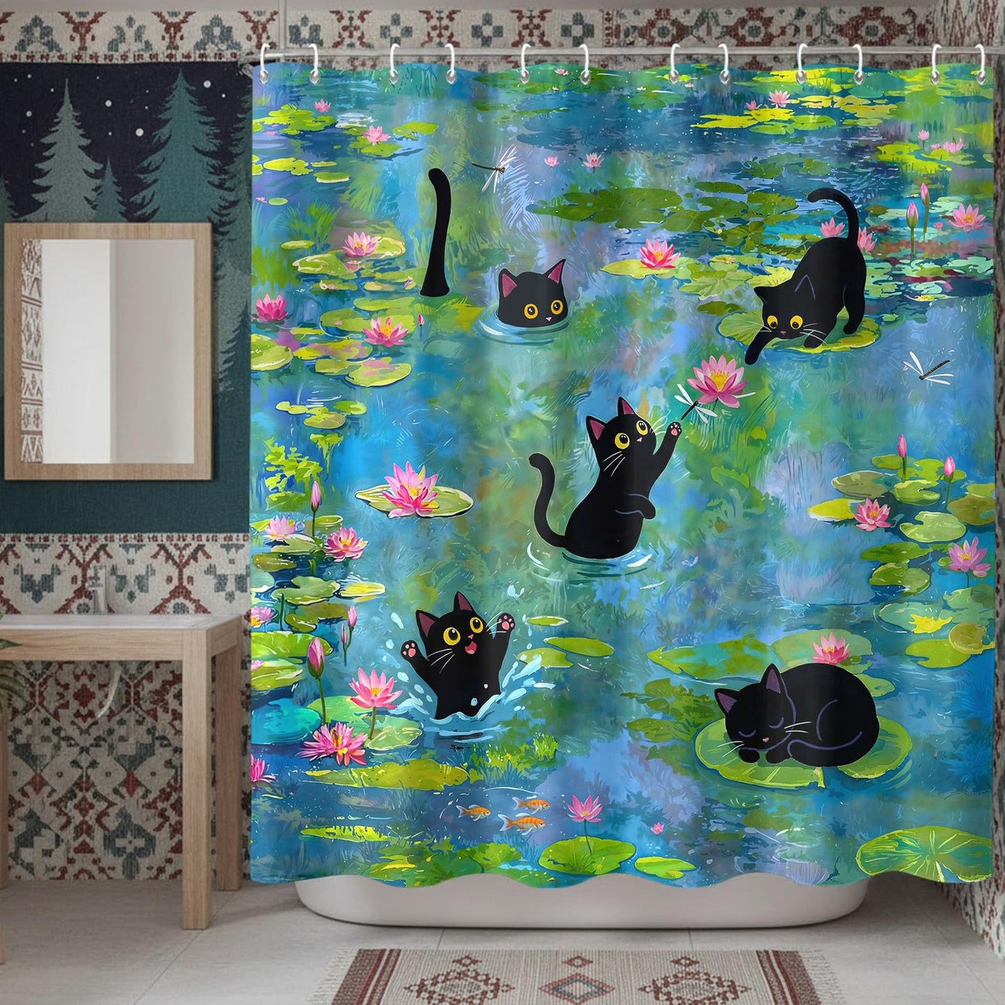 Haibimen Funny Black Cats Shower Curtain Sest Lily Pond Shower Curtain for Bathroom Waterproof Cute Cartoon Flower Nature Bathroom Decor Polyester Fabric 72 x 72 inch with Hooks (Green 1)