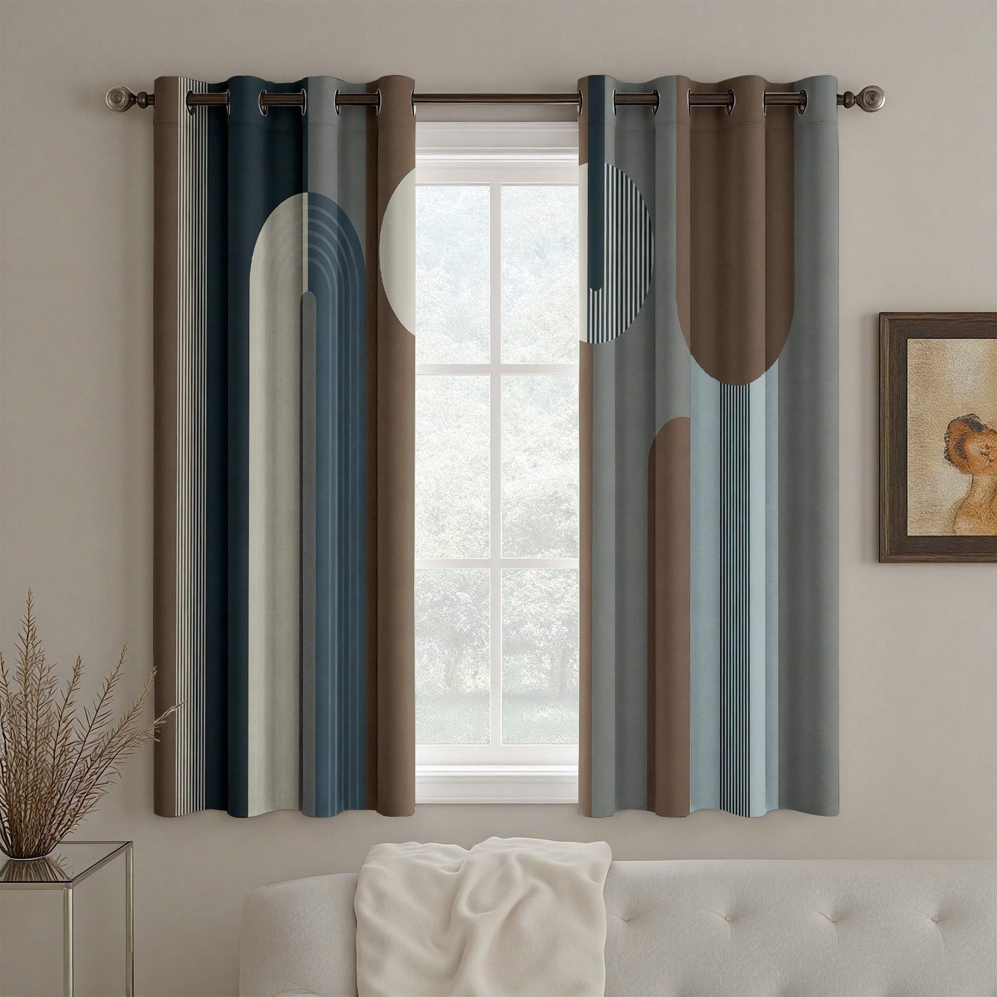 Geometric Curtains for Bedroom, Abstract Contemporary Curtains 95 Inches Long, Arch Line Striped Drapes for Living Room, Mid Century Modern Curtain Blackout, Grommet Room Darkening Curtain 2 Panels