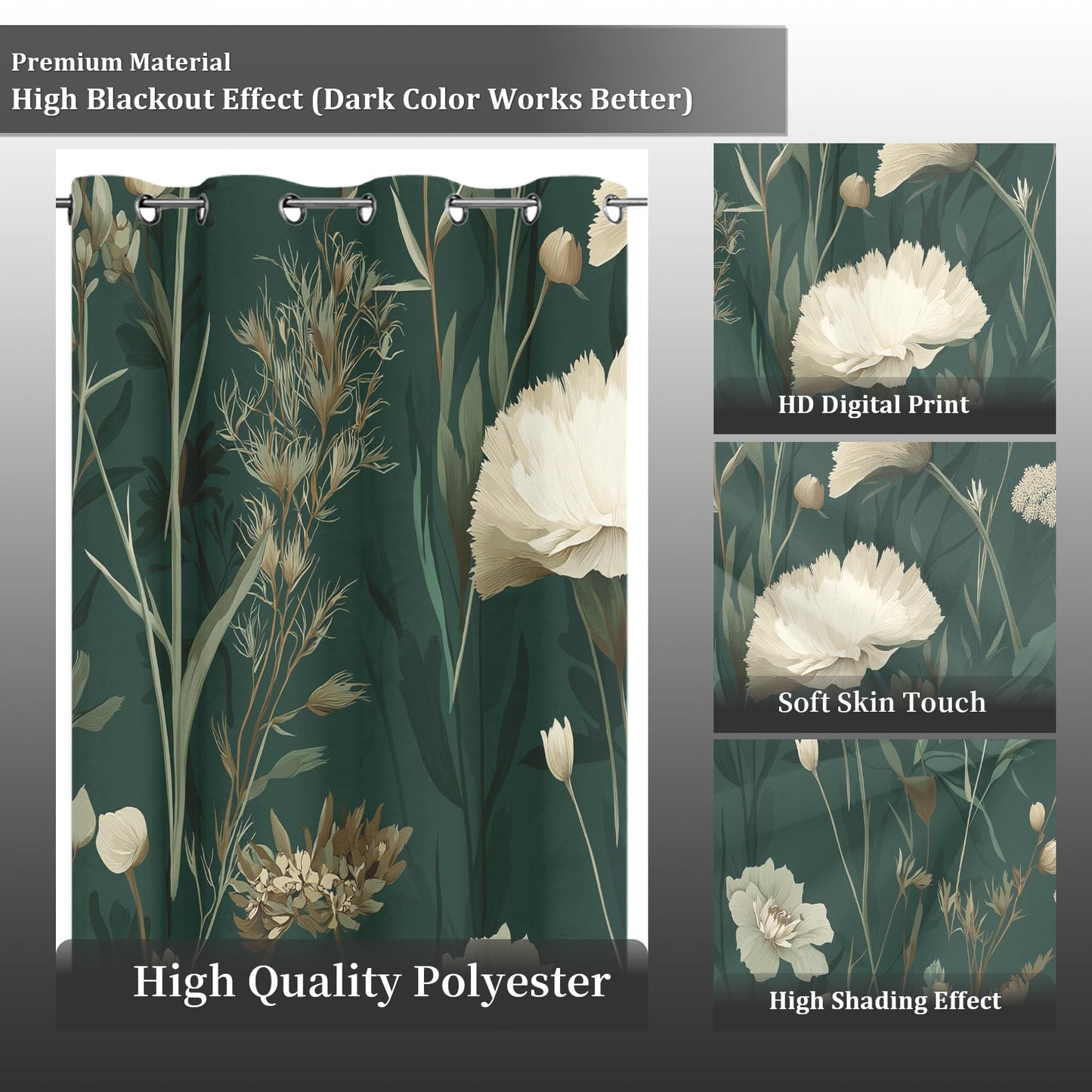 Vintage Wild Flower Blackout Curtains for Bedroom 63 inch Long, Botanical Patterned Curtain Thermal Insulated Room Darkening Window Drapes for Living Room 2 Panels L1n38ed