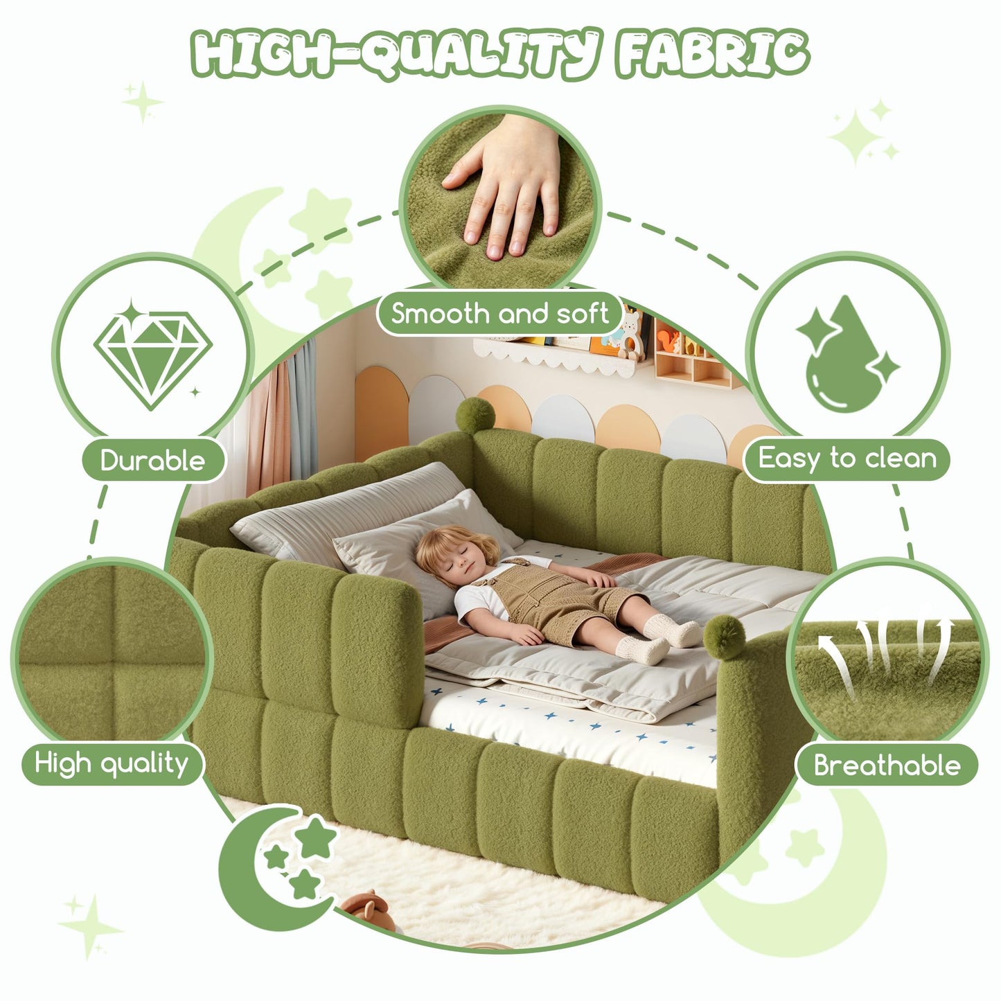 Bellemave Queen Size Teddy Fleece Upholstered Montessori Floor Bed with Fence,Low Profile Kids Bed Frame with Full Padded Safety Guardrails, No Box Spring Needed for Boys and Girls,Green