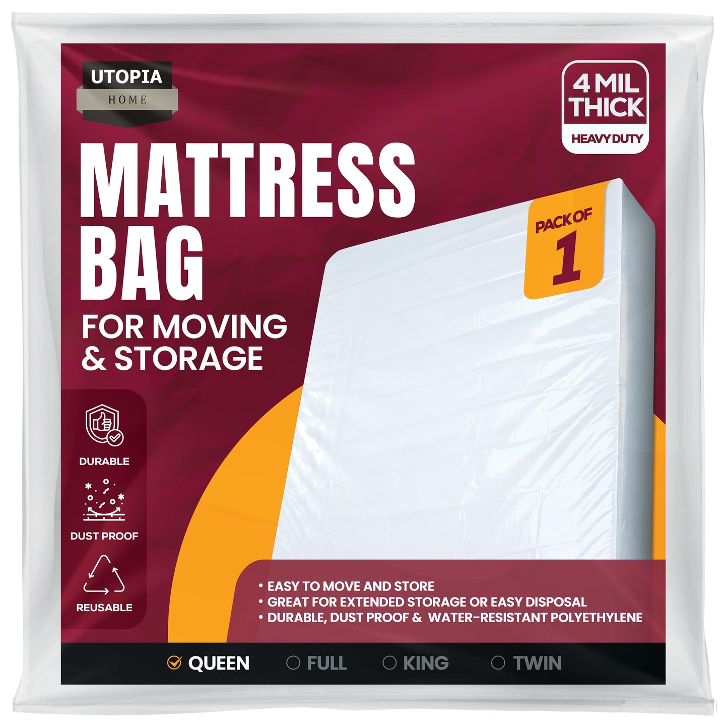 Utopia Home Queen Size Mattress Cover for Moving, 4 Mil Heavy Duty Plastic Mattress Bag for Disposal, Mattress Encasement Fits Mattresses up to 14 Inches, Mattress Bags for Moving