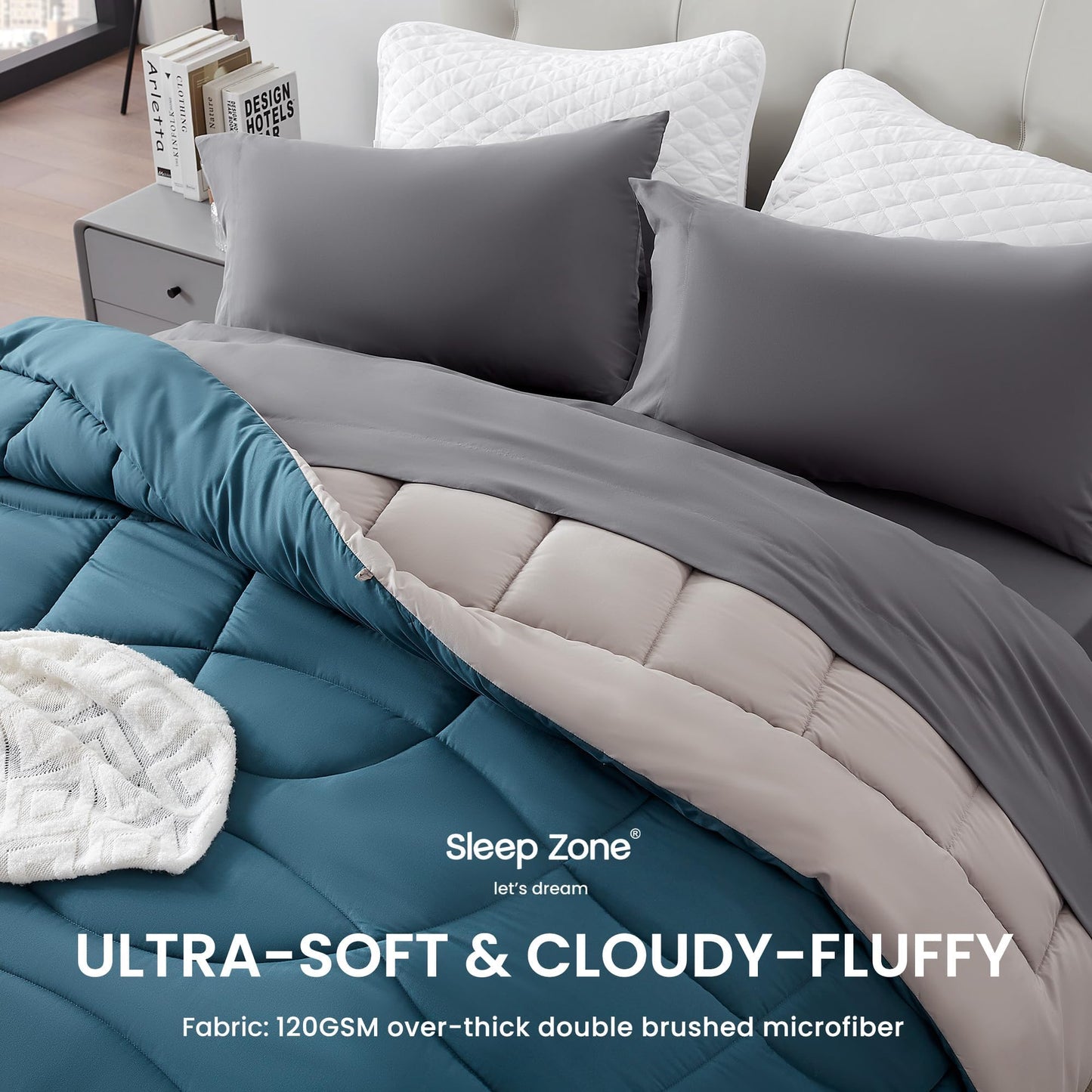 SLEEP ZONE Comforter Duvet Insert, Queen Size Quilted Reversible Comforters, Soft All Season Duvet, Down Alternative Breathable Bedding with 8 tabs, 2 Sides Teal Gray 88 x 88 Inches