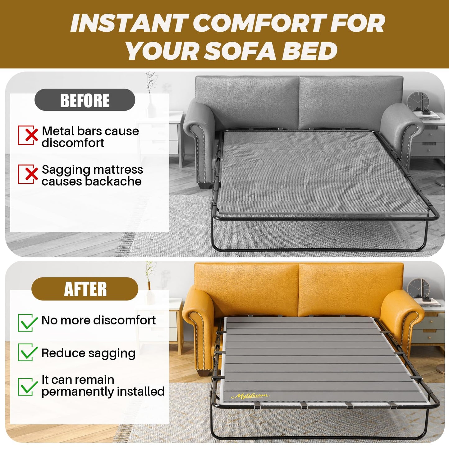 MYLIFESION Sleeper Sofa Support Board Queen Size (54”x64”), Sofa Bed Board for Pull Out Couch, Folds Up with Frame, Under Mattress Bar Shield