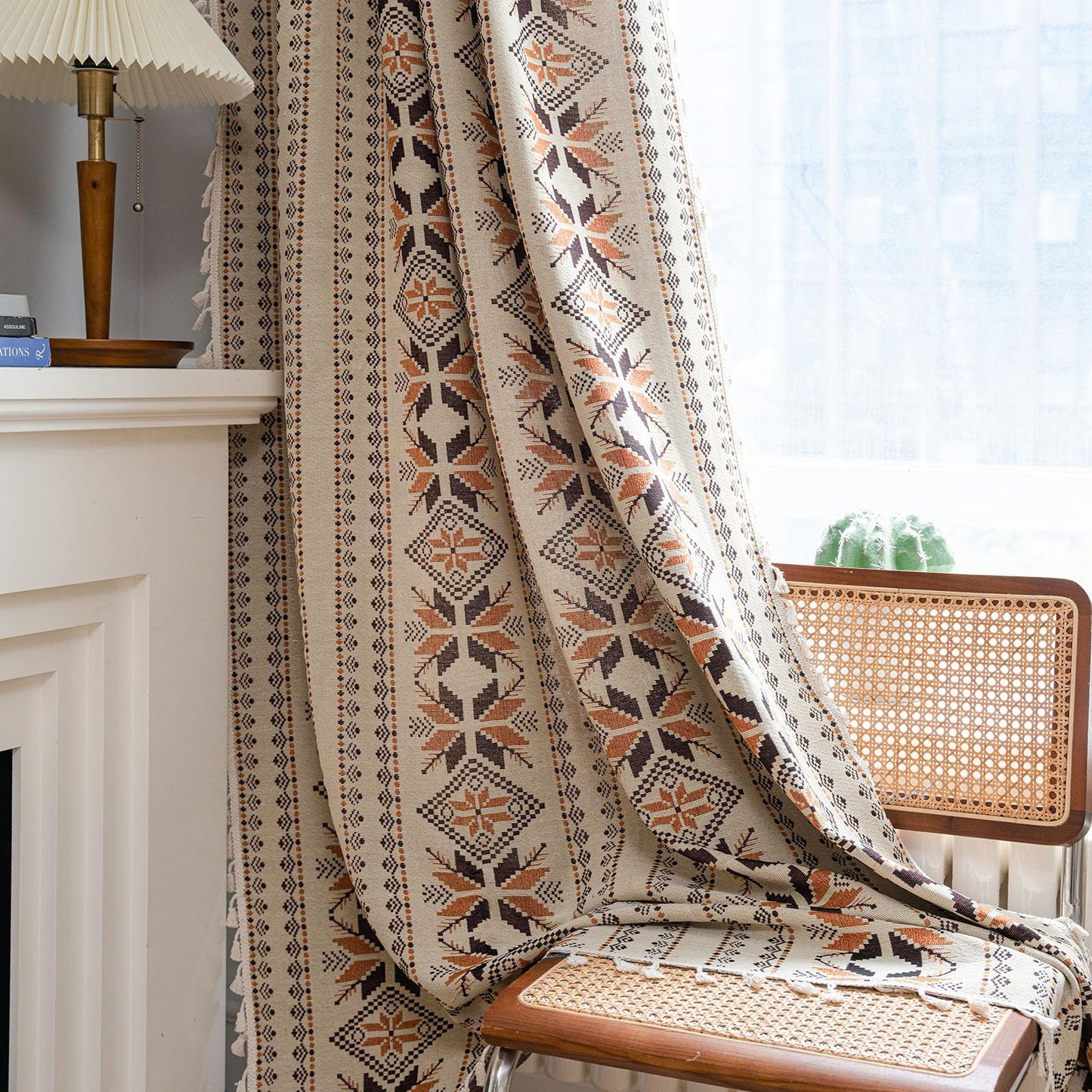 Boho Western Curtains 84 Inch Length 2 Panels Geometric Patterned Drapes Bohemian Semi Sheer Rod Pocket Tassel Window Curtain Panels Bedroom Living Room Farmhouse Coffee Brown Vintage Rustic Curtains