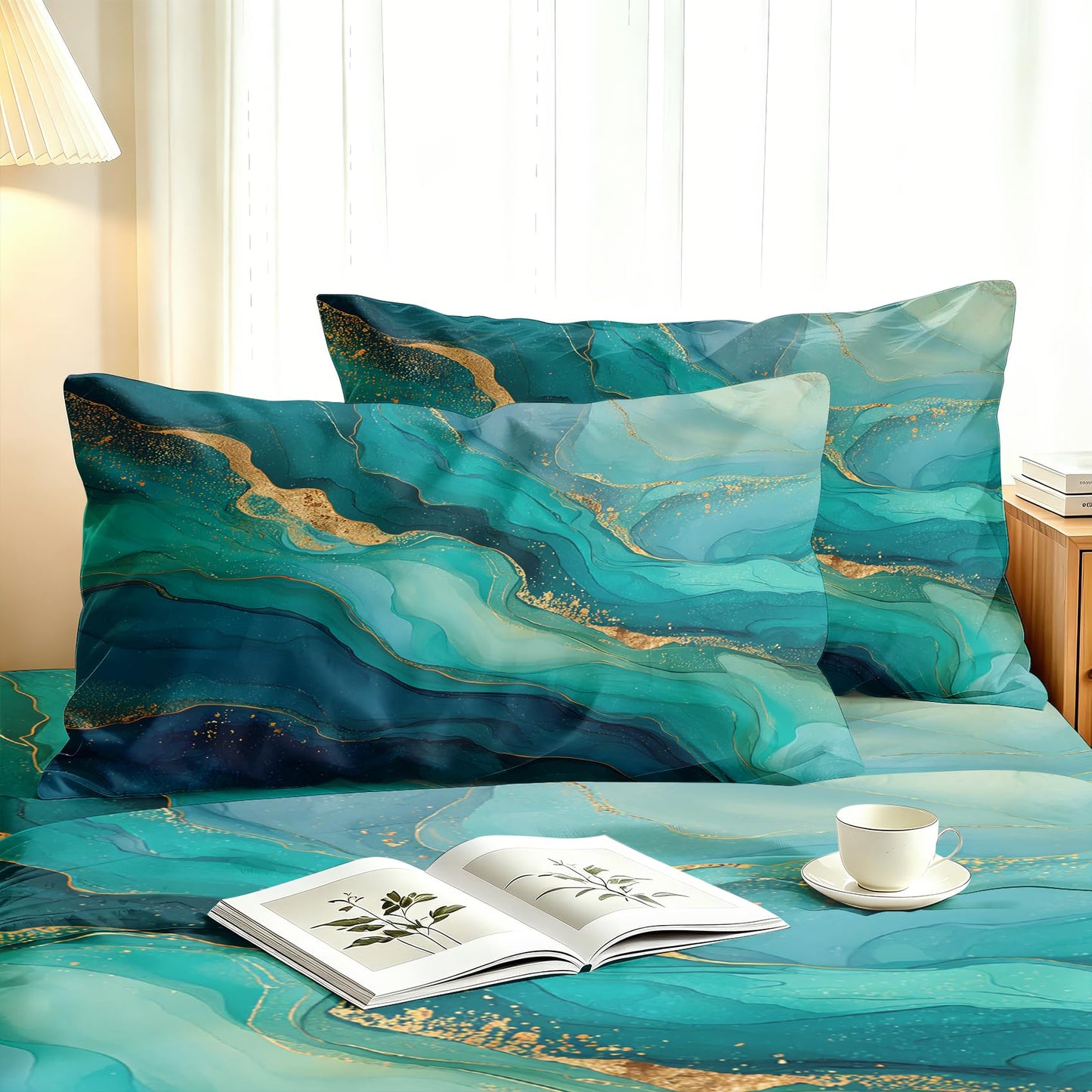 Green Marble Full Bedding Set Modern Abstract Sheet Sets, Gold Green