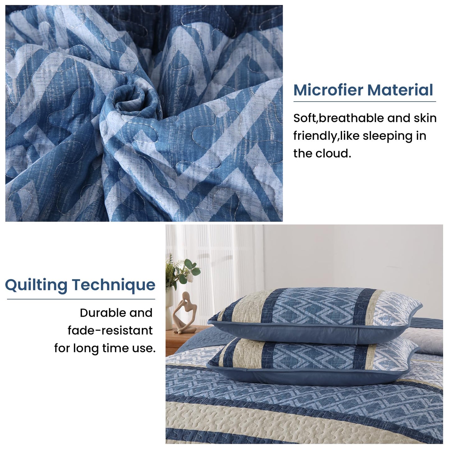 Dinjoy Boho Queen Quilt Set, Blue Striped Bedspread Queen Size,Navy Blue Bedding Sets 3 Pieces Micofiber Lightweight Fall Quilts with 2 Pillow Shams Coverlet Bed Sets for Women Men 96''x90''
