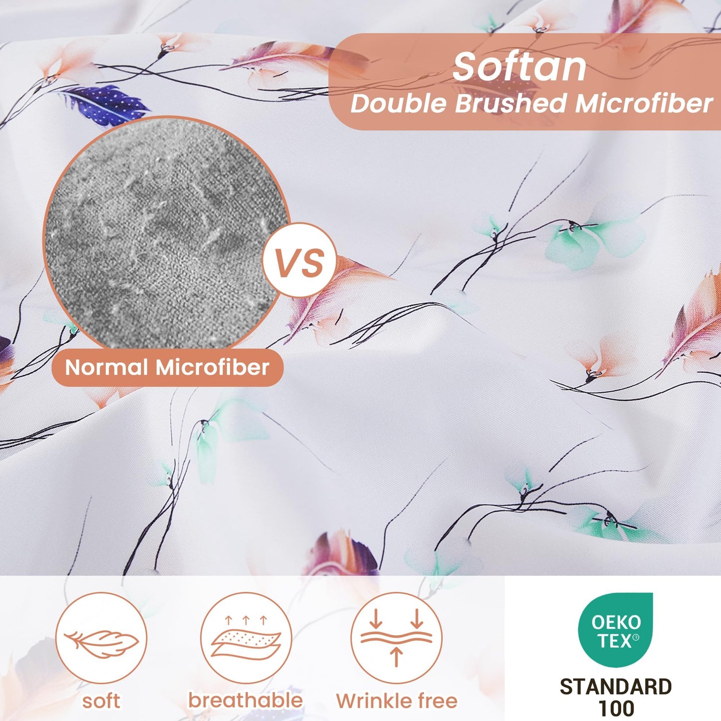 Softan Floral Full Sheet Set, Cozy Microfiber Pastel Blooms Printed Fitted Bed Sheet with 15" Deep Pockets & Non-Slip Straps, Feather Patterned Sheets & Pillowcase Set