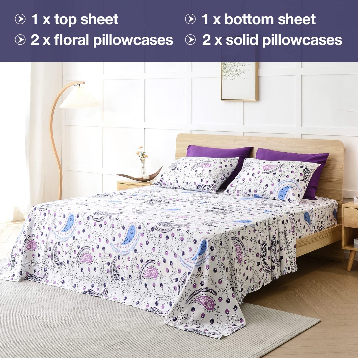 JSD 6 Piece Purple Paisley Sheet Set Queen Size, Soft Printed Microfiber Sheets with 4 Pillowcases Deep Pocket