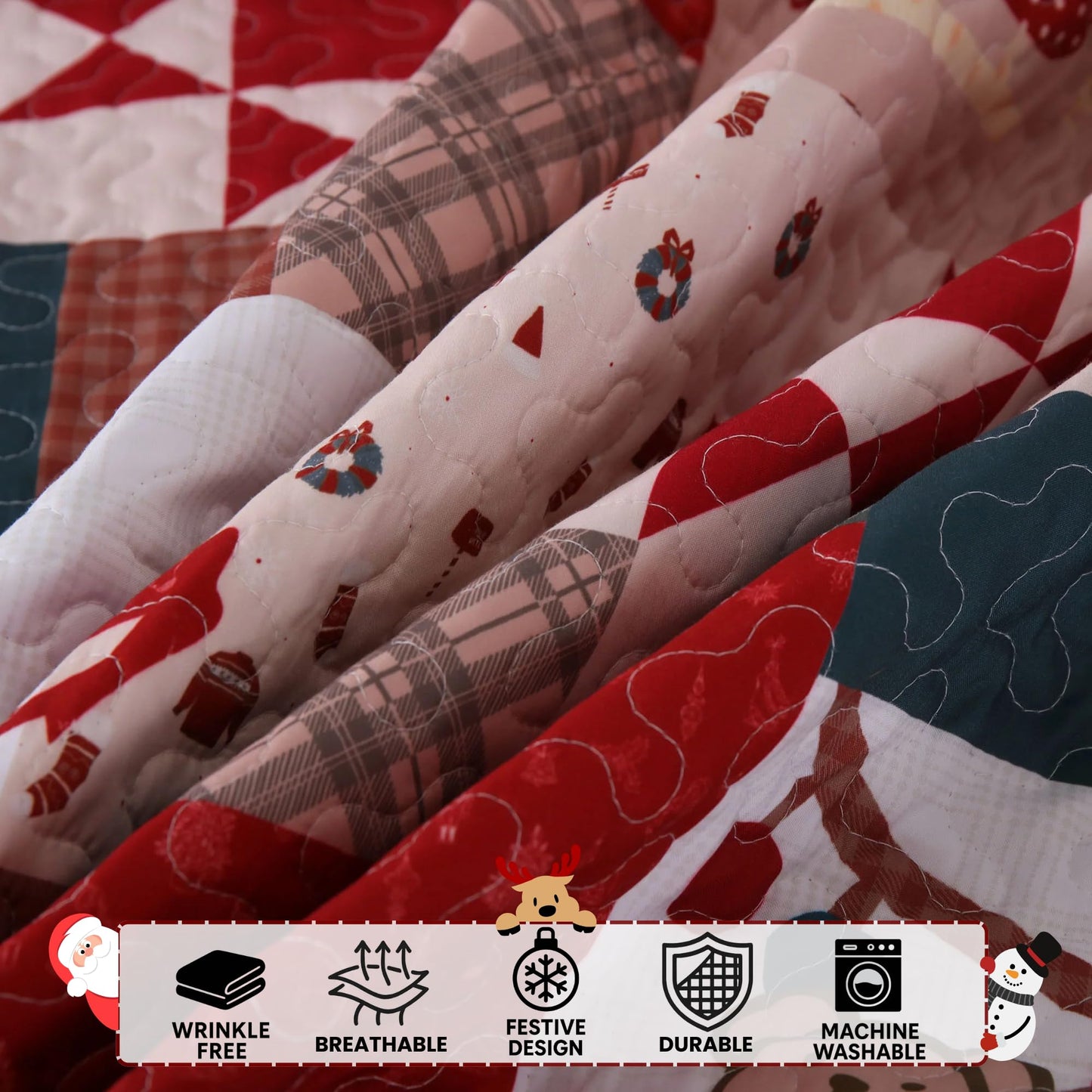 MarCielo 2 PCS Vintage Christmas Patchwork Quilt Set – Reversible Holiday Bedspread