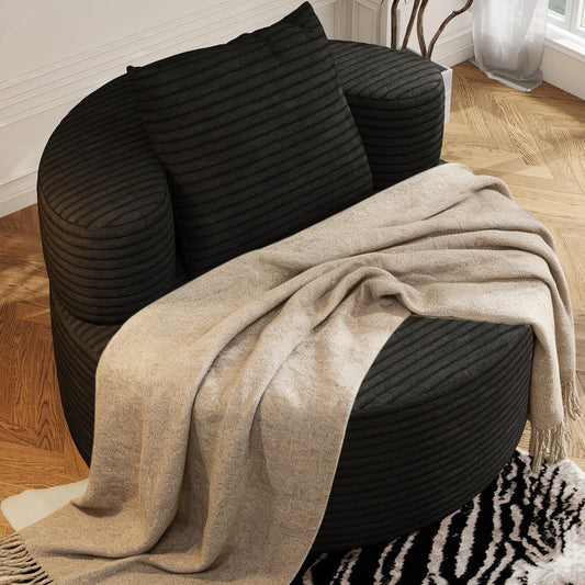 37.4" Oversized Chaise Longue Round Chair Indoor Living Room Boneless Giant Bean Bag Chair for Adults Corduroy Big Accent Sofa Floor Sofa for Gaming Reading Relax No Assembly Required (Black, 37.4")