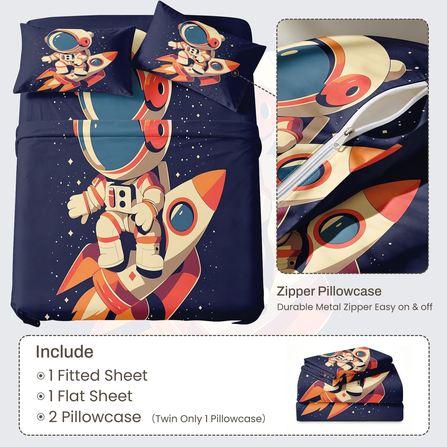 Astronaut Queen Sheet Set Kids Rocket Ship Flat Fitted Sheet Sets