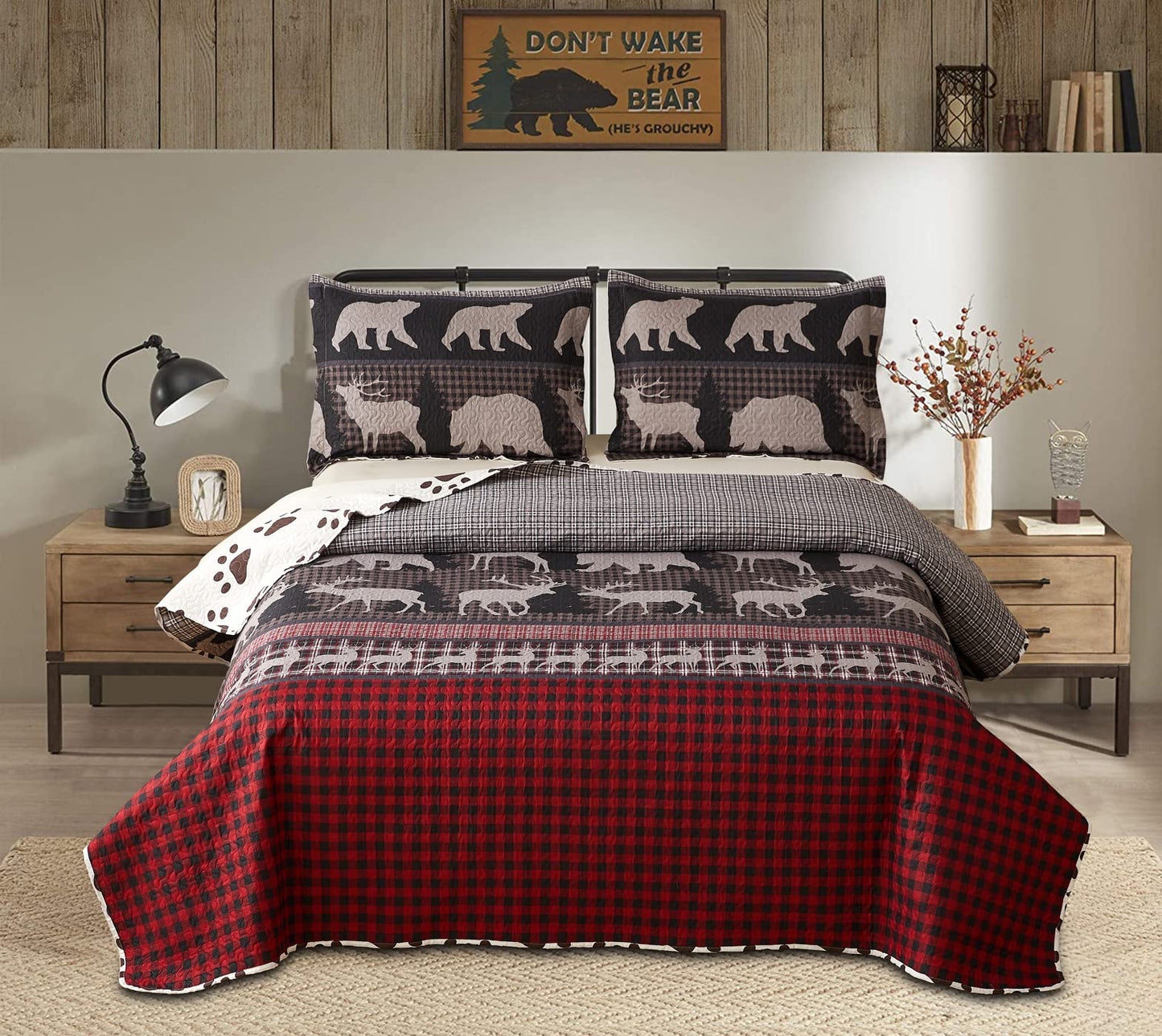 Queen Size Quilt Set Lodge Rustic Quilt Bedding Set Queen Size Bedspread Coverlet Lightweight Reversible Home Quilt Red Black Buffalo Plaid Quilt Bed Spread Country Cabin Forest Moose Bear Bedding