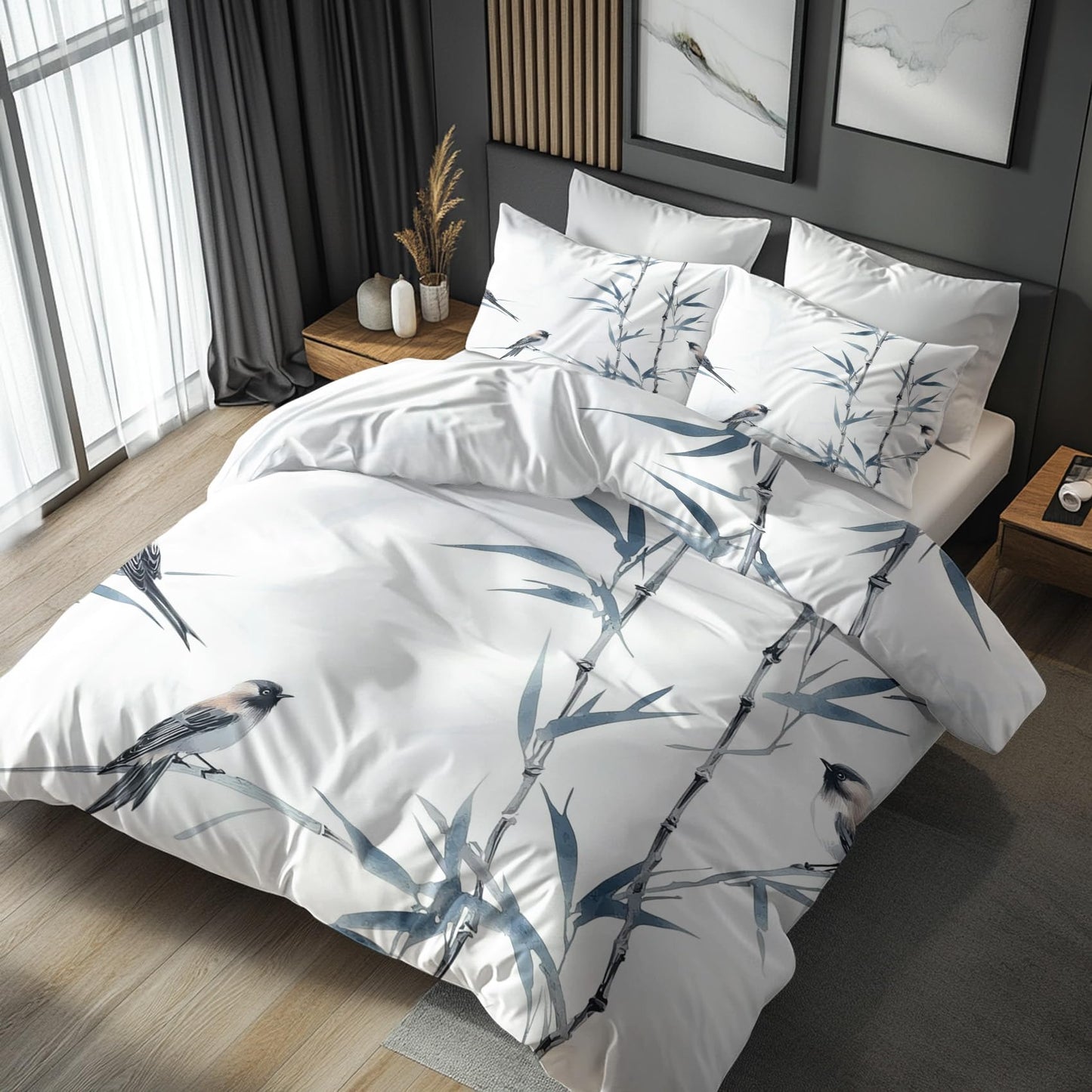 zcwl Bamboo Bird Print Duvet Cover Oversized King Size | Japanese Bedding Set | 3 Piece | Soft Microfiber Patterned Comforter Cover with Zipper Ties & 2 Pillowcases | Asian Botanical Bedroom Decor