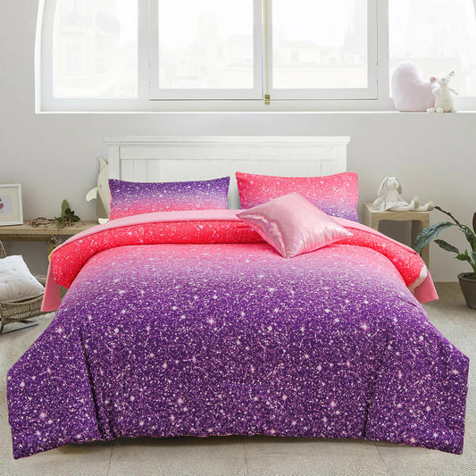 A Nice Night Girls Comforter Set Twin Size 6 Piece Bed in A Bag 3D Colorful Sparkle Galaxy Rainbow Bedding Comforter Sheet Sets for Kids,RedPurple