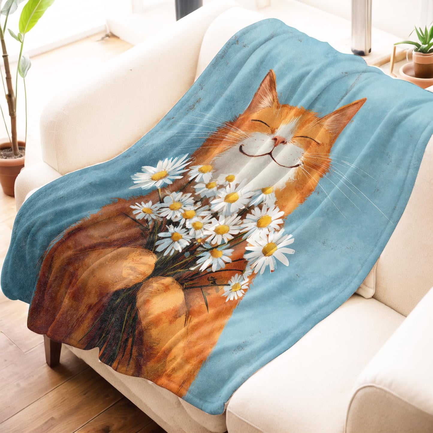 Mniedc Smiling Cat Daisy Flower Blanket, Cute Animal Nature Flannel Throw Blankets, 50"x60", Soft Warm Lightweight Fuzzy Cozy Throws for Couch Bed Sofa Decorative Gifts for Pet Lover Women Girls, Blue