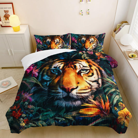 lneffble 3Pcs Tiger Comforter Set Twin Size Plants Colorful Flowers Print Bedding Set,3D Wild Animals Comforter Set for Kids Boys Girls Room Decor,Wildlife Theme Bedding Set