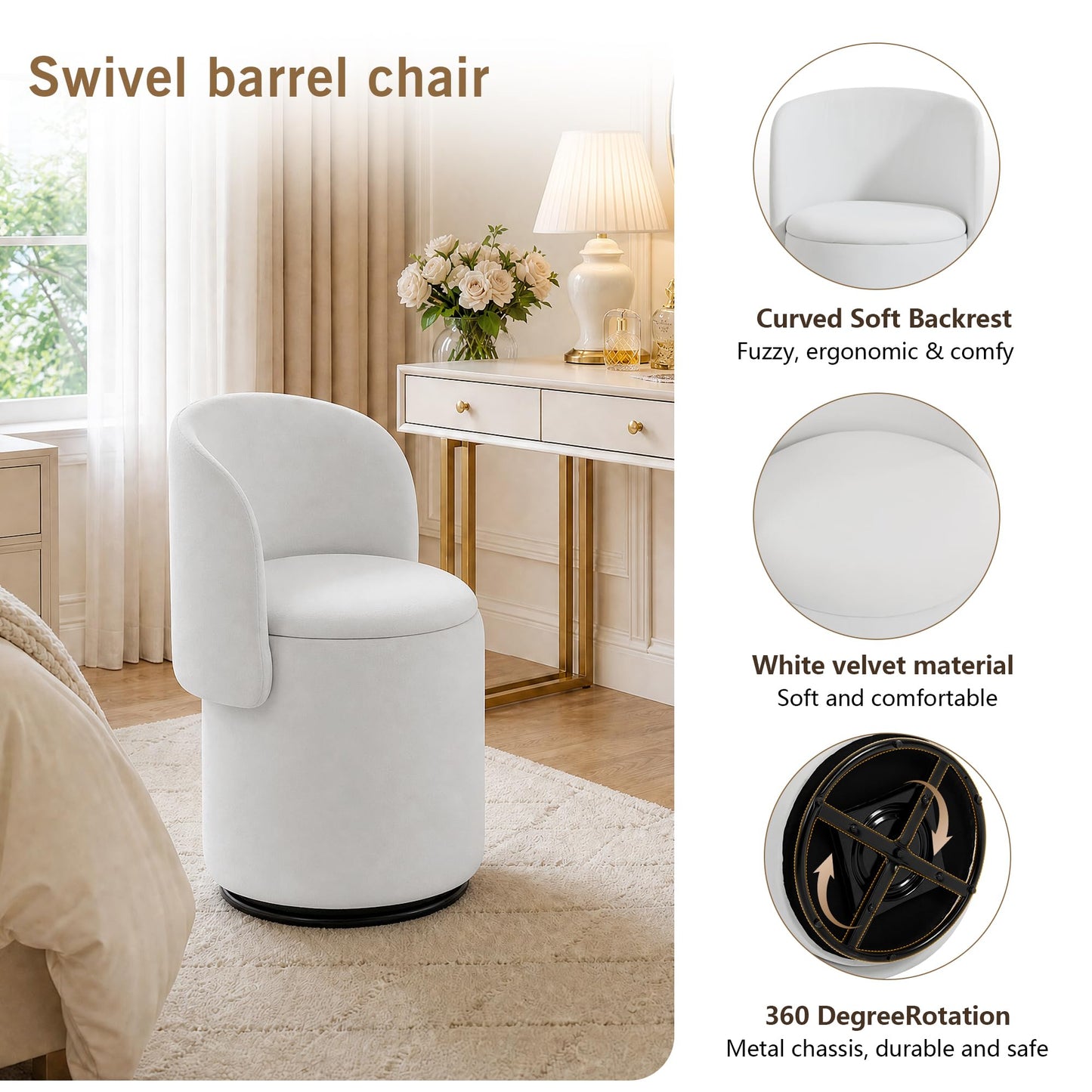 WOCFYK Makeup Vanity Chair with 360 Degree Swivel and Hidden Storage, Upholstered Barrel Accent Chair with Back, Matching Cat Bed Stool for Bedroom, Vanity Room, Living Room, White Velvet