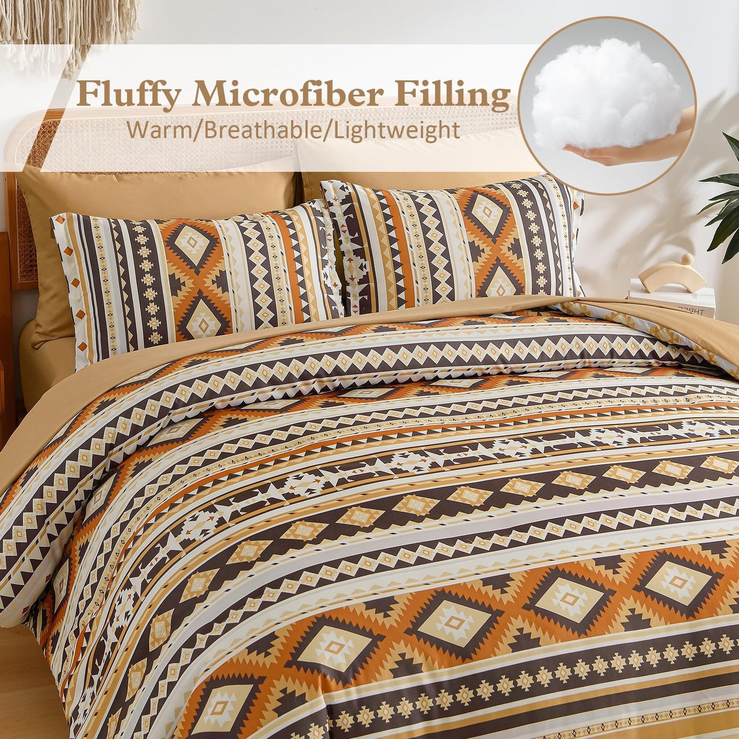 Dinjoy Comforter Set Queen Size Boho,Yellow Brown 7 Pieces Bed in a Bag Queen Bedding Sets Aztec Comforters with Sheets Western Striped Complete Set for Family 90"x90"