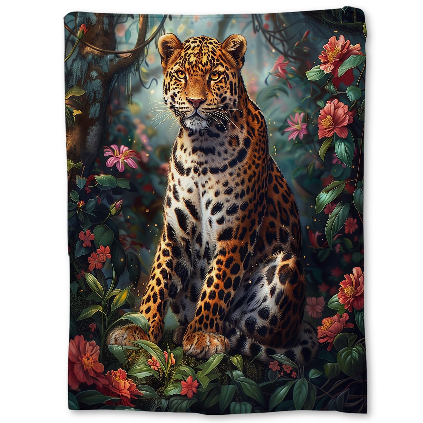 Ti Caldi Leopard in Jungle Blanket, Soft Flannel Tropical Foliage and Flowers Throw Blanket for Couch, Bed, Travel & Home Decor, Lightweight Cozy Warm Fuzzy Blankets for Adults Women Kids 60×50 in