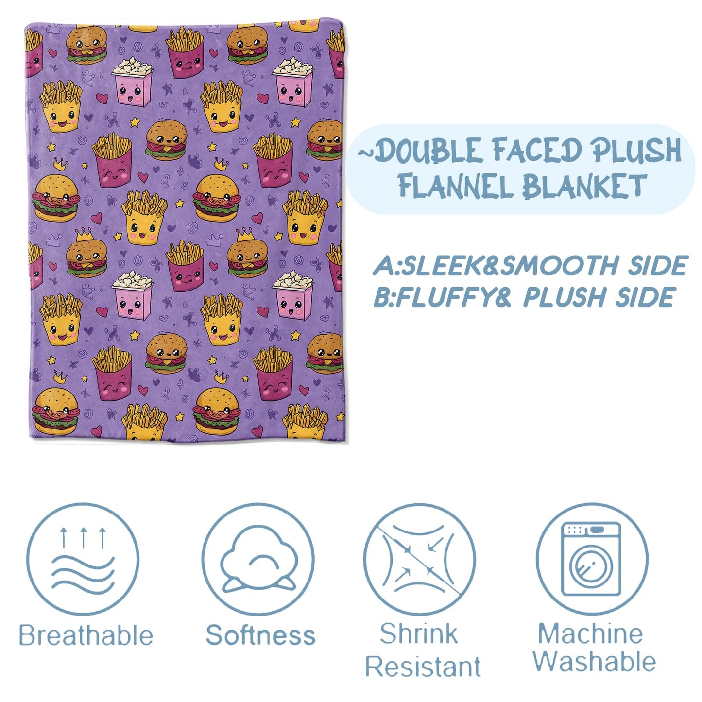 Zeleda Fun Fast Food Blanket,Cute Cartoon Burger and Fries Flannel Throw for Kids,Women,Adults as Gifts,Cozy Soft Blankets for Couch,Bed,Office,Camping,Picnic,Decorative Throws,50x60 Inch
