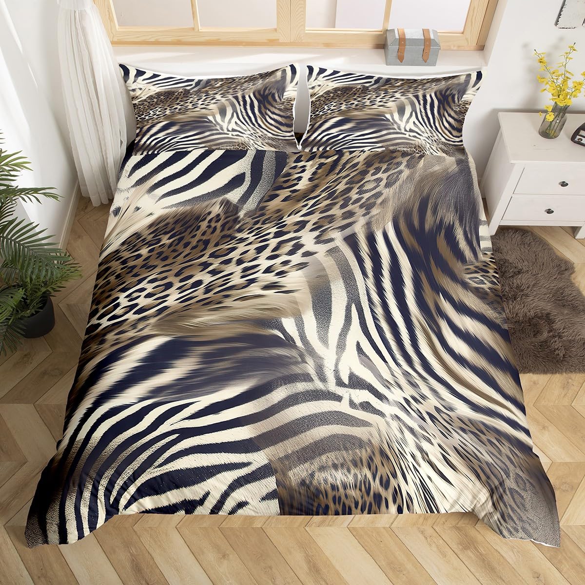 Feelyou Leopard Pattern Duvet Cover Animal Print Cheetah King Bedding Set for Kids Man and Woman Luxury Comforter Cover Golden Bedspread Cover Decor Bedroom Collection 3Pcs King Size
