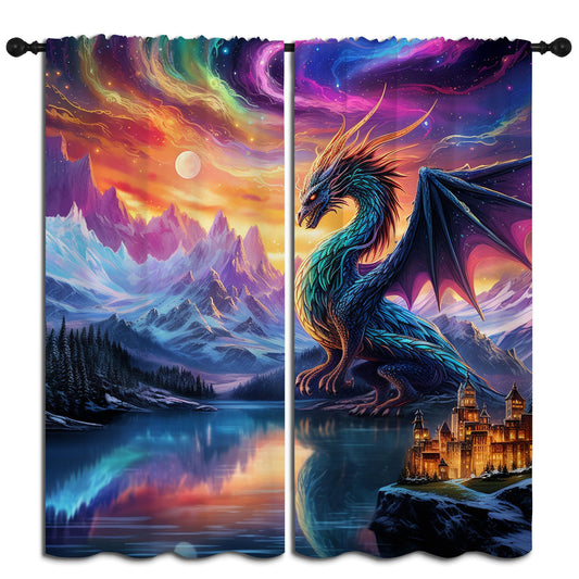 PYMATYTN Dragon Blackout Curtains for Boys Girl Bedroom Decor,Fantasy Creature Castle Colorful Clouds Thermal Insulated Rod Pocket Drapes Darkening Window Curtain for Living Room Home 55x63 inch