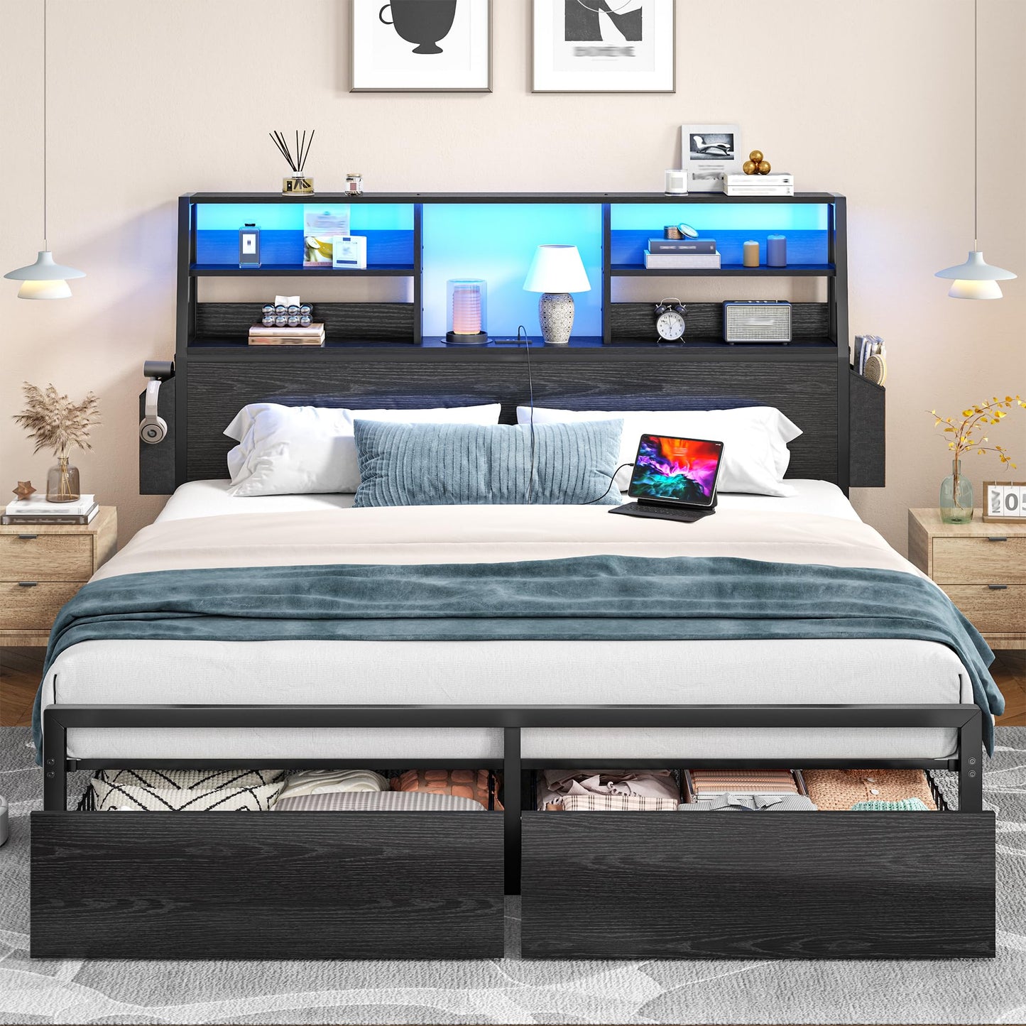 Homkdom Full Size Bed Frame with Storage, Full Bed Frame with LED Light and Charging Station,Bed Frame Full with Headboard for Apartment,Guest Room,Black